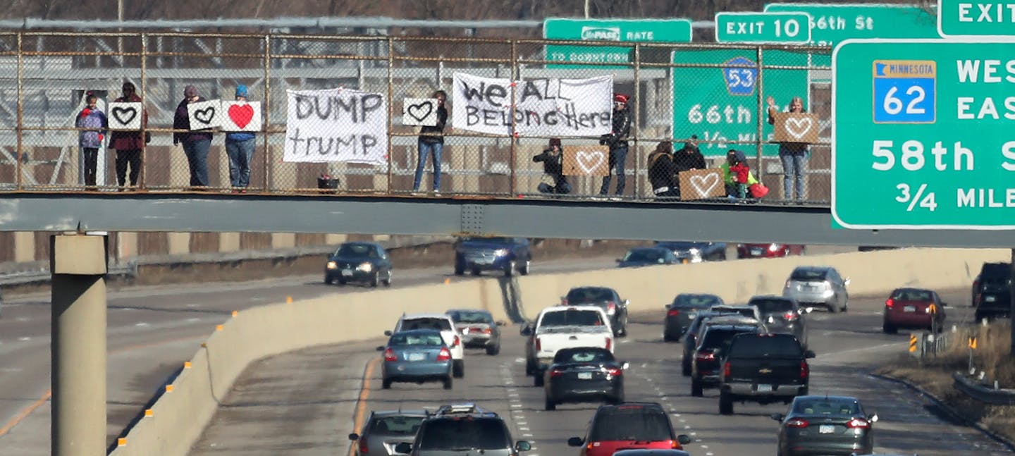 The Richfield Social Justice Community, an online group, stood on an overpass bridge over the 35W in Richfield, holding signs advocating for inclusivity and equality in the city Saturday, March 4, 2017, in Minneapolis, MN. ] DAVID JOLES &#xef; david.joles@startribune.com In reaction to our undoubtedly divided political times, many suburban residents (Richfield, Edina, Bloomington, etc.) are moving beyond social networks and looking to make a bigger impact with their voice. Social justice groups