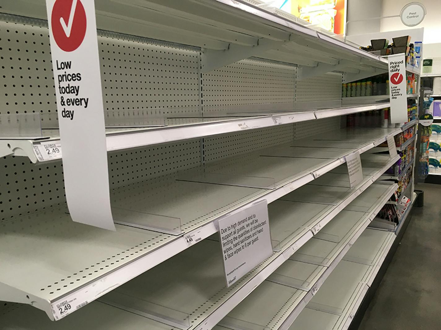 Disinfectant wipes, hand sanitizers, as well as hand and face wipes were all out on the shelves at the downtown Minneapolis Target. (RICHARD TSONG-TAATARII/Star Tribune)