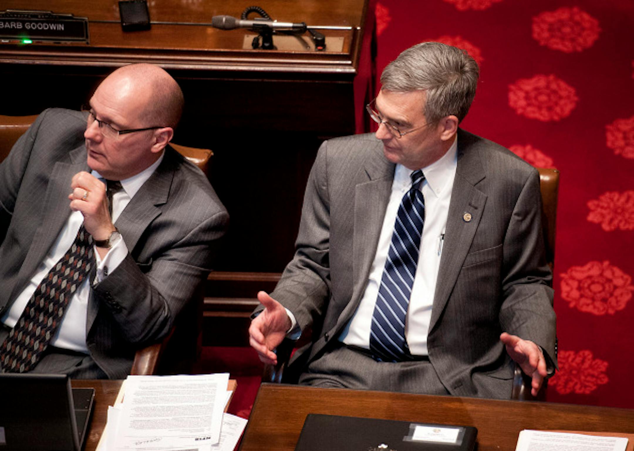 Republican Senators Assistant Minority Leader Dave Thompson and Minority Leader David Hann watched the vote board as the health insurance exchange bill passes without any Republican votes.  The Minnesota Senate passed the health insurance exchange bill by a straight party line vote 39-28.  Next stop is Governor Dayton's desk.   Monday, March 18, 2013.    ]   GLEN STUBBE * gstubbe@startribune.com