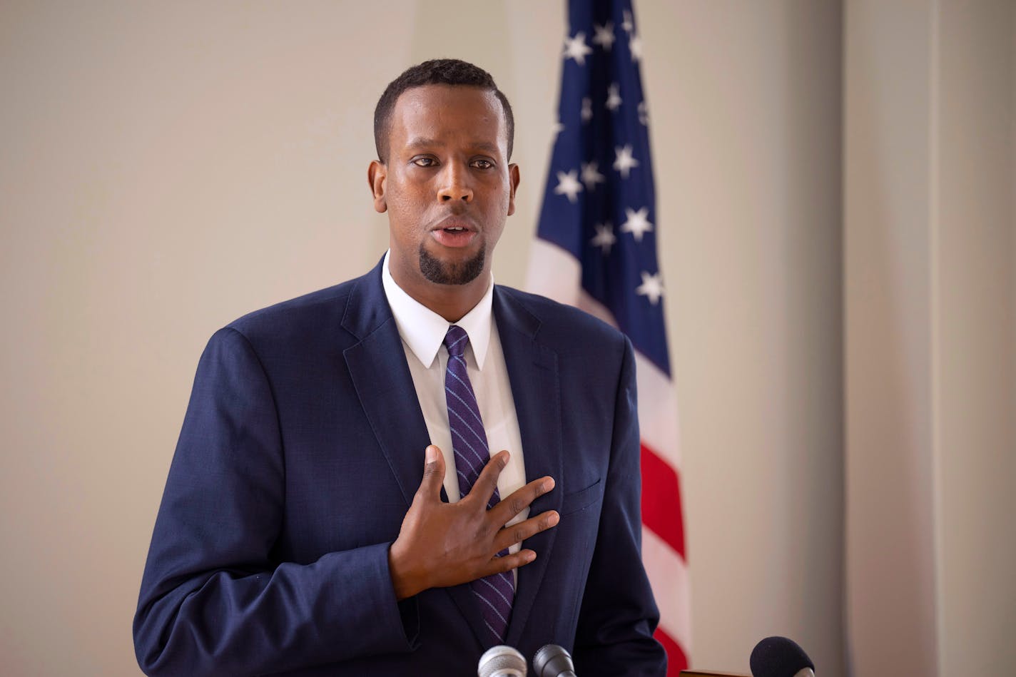 Abshir Omar, the campaign manager for Nasri Warsame, spoke at a news conference Wednesday, May 17, 2023. After a wild Ward 10 DFL convention last weekend, challenger Nasri Warsame alleged bias and rules violations against his campaign at a news conference at his campaign headquarters in Minneapolis Wednesday afternoon, May 17, 2023. (Jeff Wheeler/Star Tribune via AP)