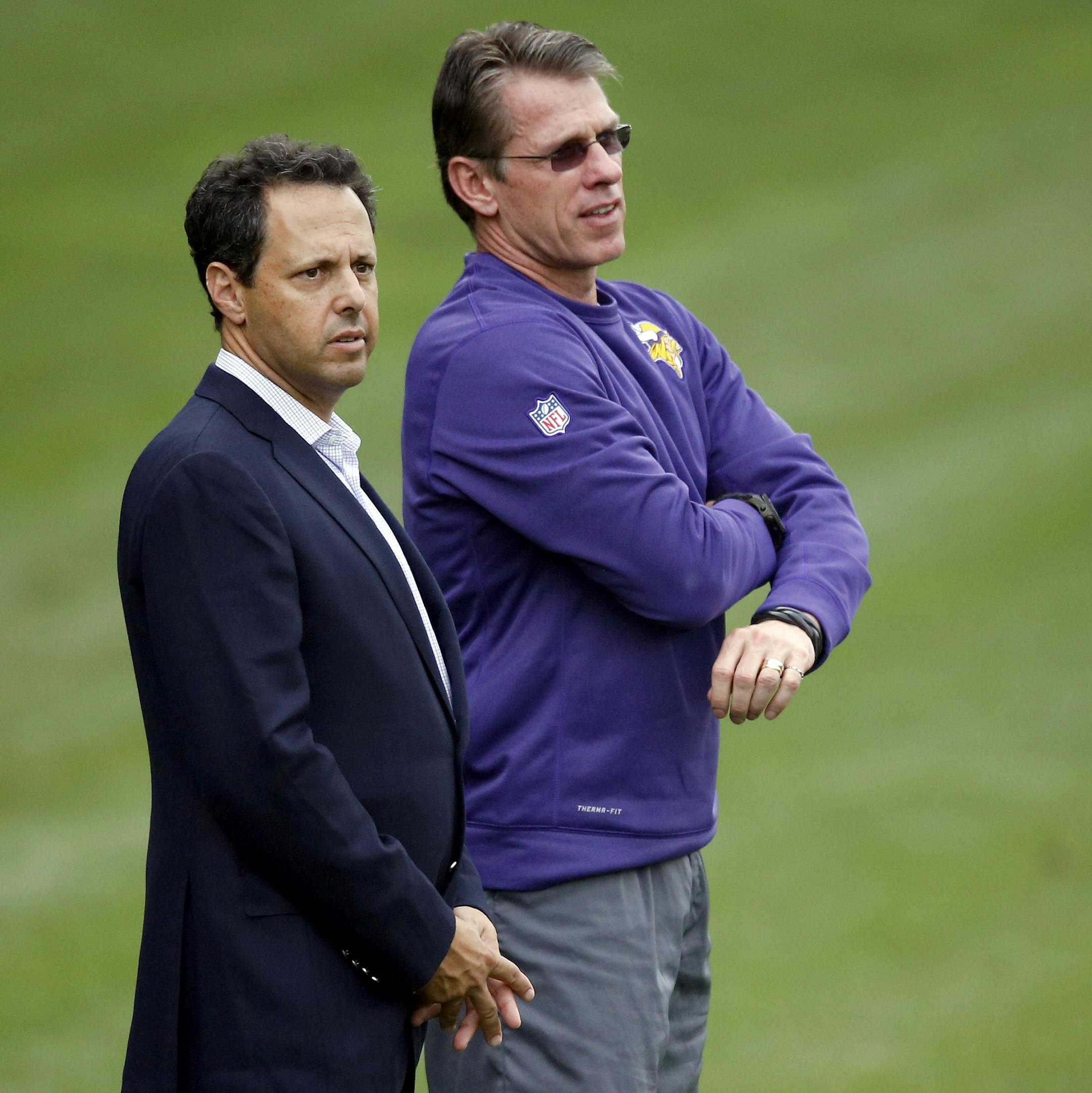 Minnesota Vikings President Mark Wilf and General Manager Rick Spielman watched practice on Wednesday at The Grove in Watford, England. ] CARLOS GONZALEZ cgonzalez@startribune.com September 25, 2013, Watford, England (Minnesota Vikings in London) Vikings practice at The Grove, NFL