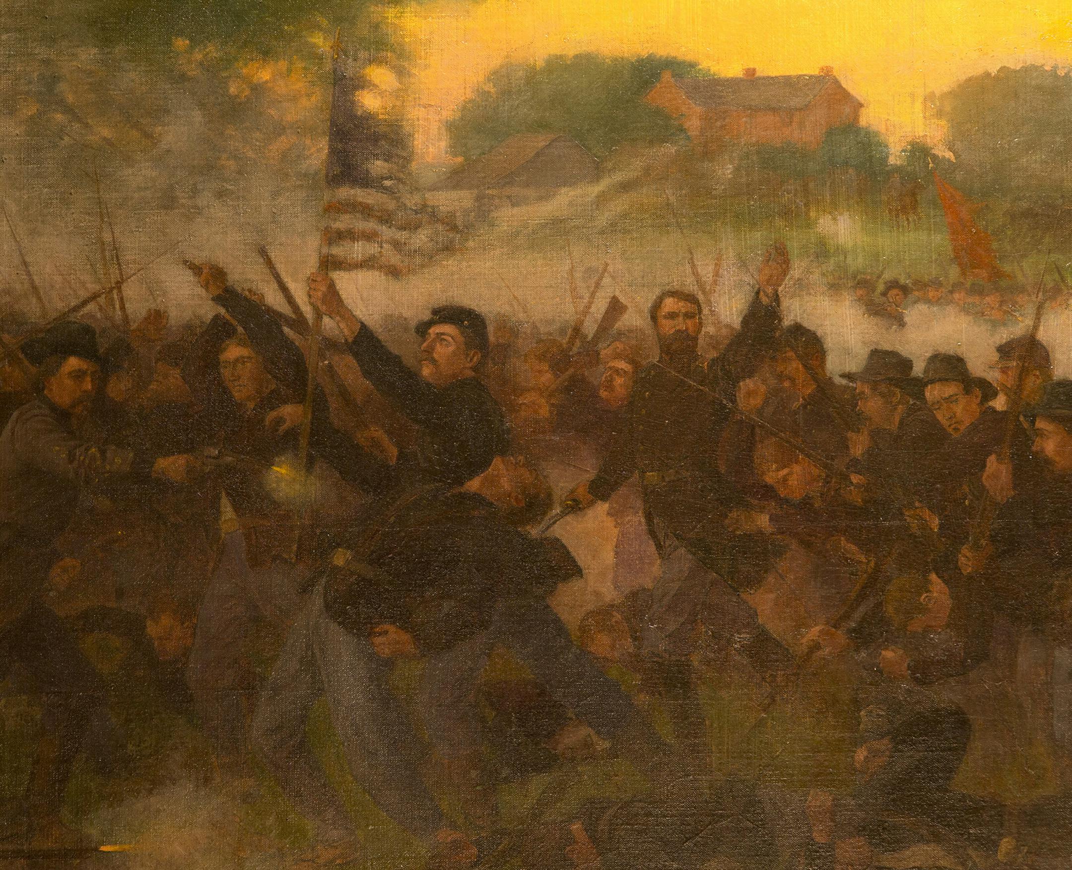 There is a painting in the Governor's Reception Room at the Minnesota State Capitol that depicts the First Minnesota Volunteer Regiment's historic firefight on July 2, 1863 in the Battle of Gettysburg. Ordered to charge down Cemetery Ridge, the regiment successfully stopped the advance of a Confederate brigade that was nearly six times larger and threatened to break through the Union-held line. Of the 262 men ordered forward to buy time until reinforcements could arrive, 220 were either killed o