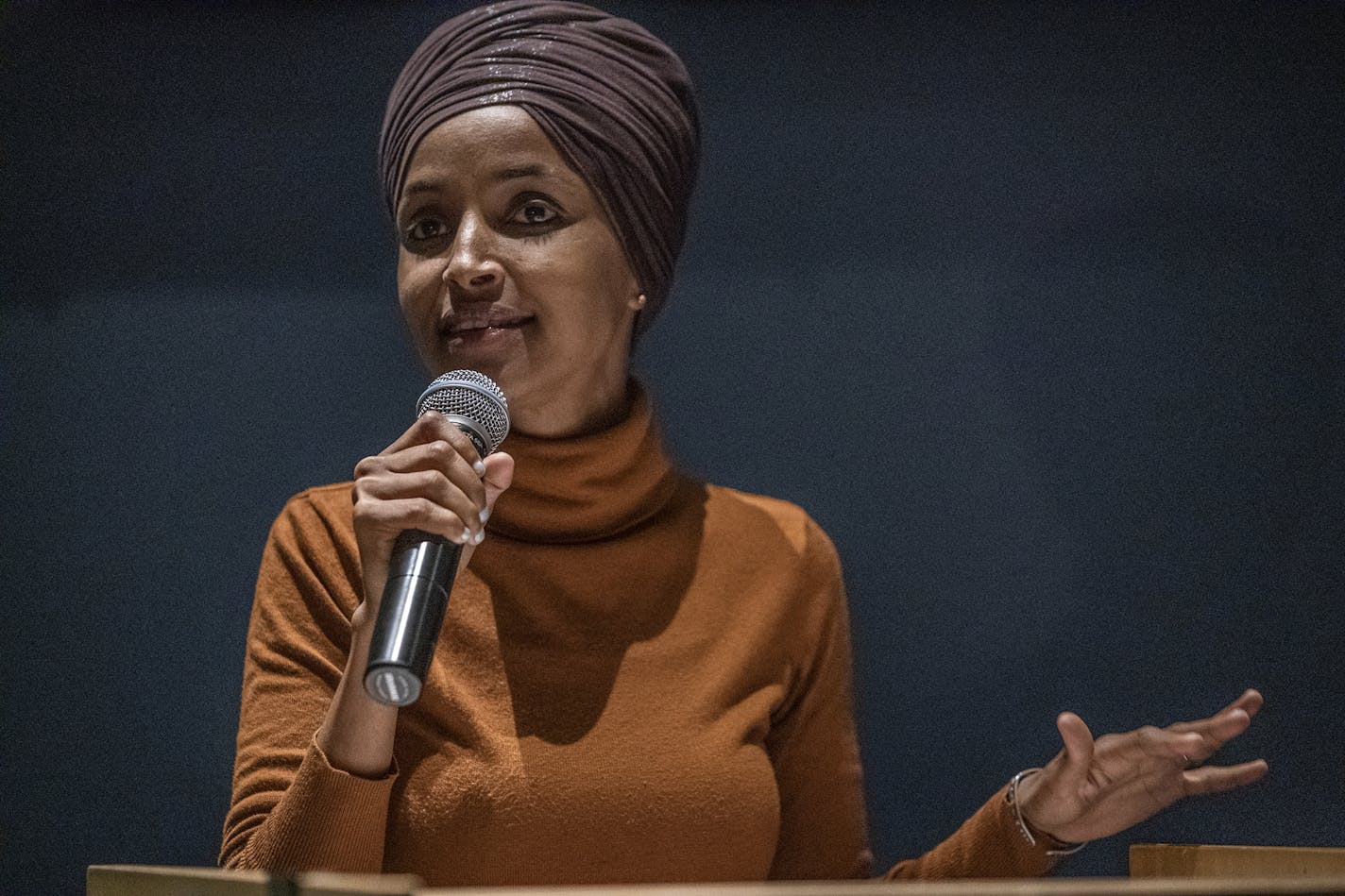 U.S. Representative Ilhan Omar holds a town hall in South Minneapolis in late August.