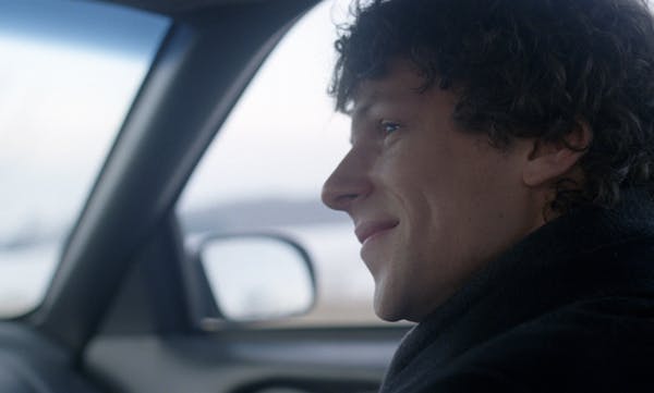 This image provided by courtesy of A24 shows, Jesse Eisenberg, as David Lipsky, in a scene from the film, "The End of the Tour." (A24 via AP)