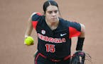 Georgia's Alley Cutting pitches during an NCAA softball game against Virginia Tech on Saturday, March 2, 2019 in Athens, Ga. (AP Photo/John Amis)