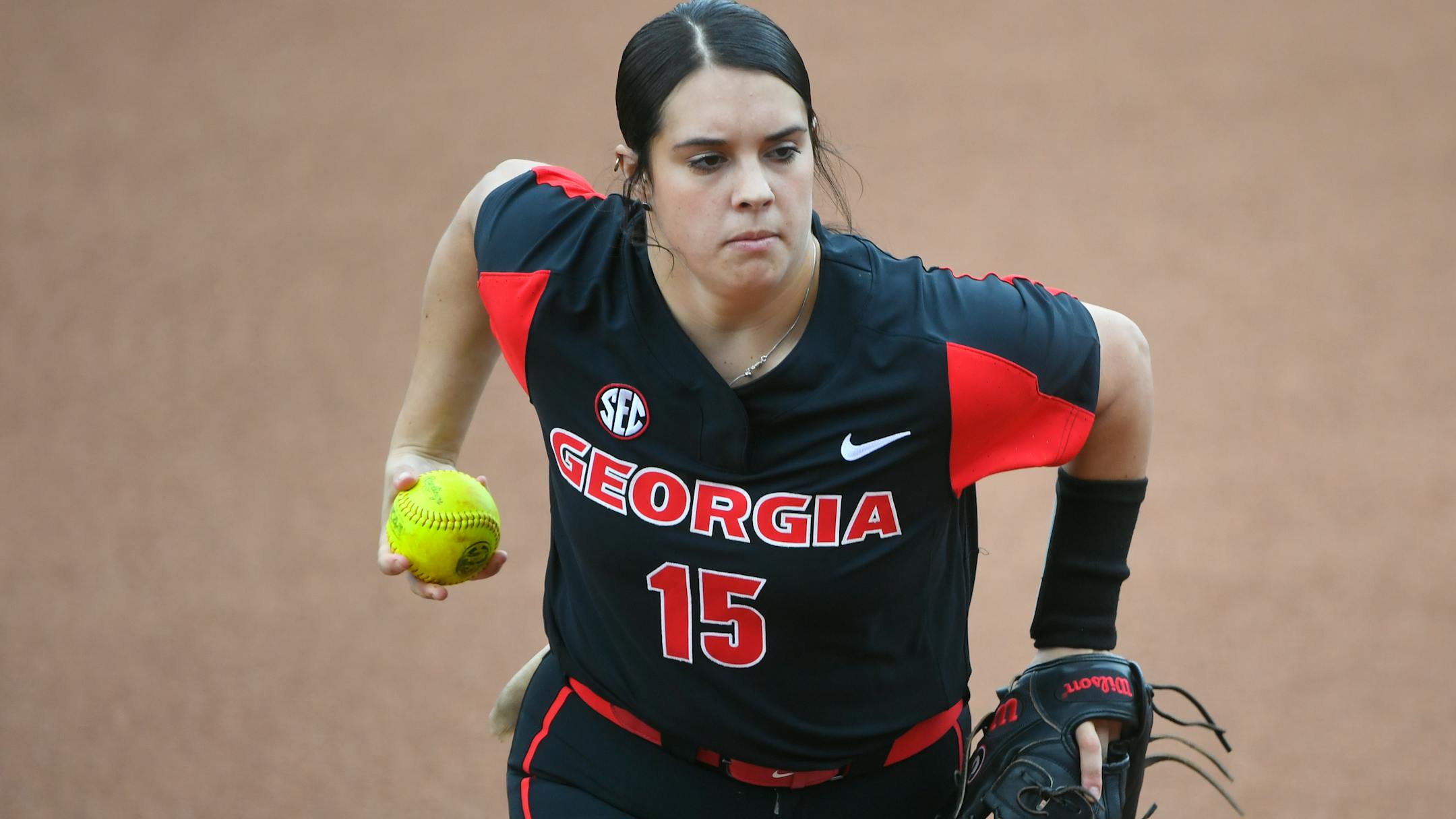 Georgia's Alley Cutting pitches during an NCAA softball game against Virginia Tech on Saturday, March 2, 2019 in Athens, Ga. (AP Photo/John Amis)