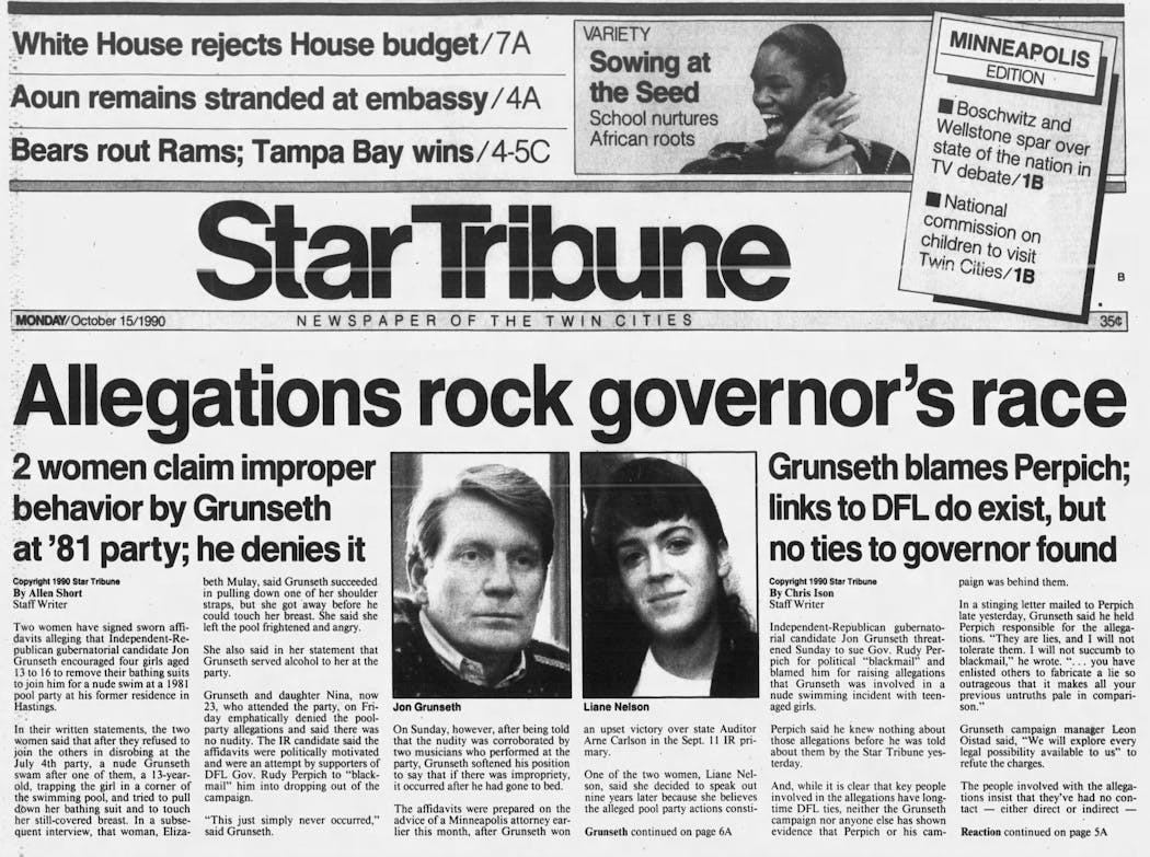The front page of the Star Tribune on October 15, 1990.