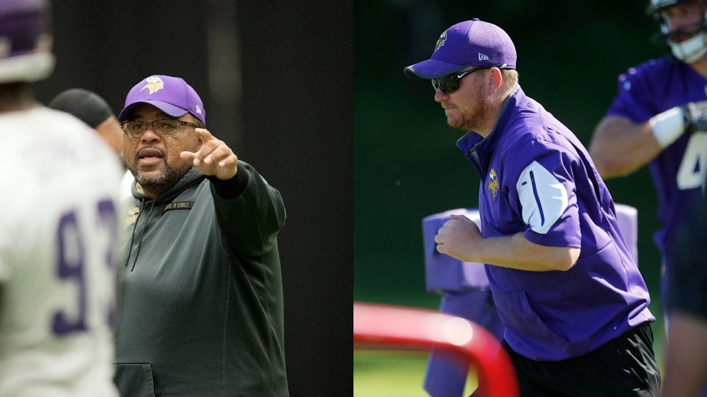 The Vikings named defensive line coach Andre Patterson (left) and linebackers coach Adam Zimmer (right) as co-defensive coordinators Monday. Both will continue to work with their position groups.