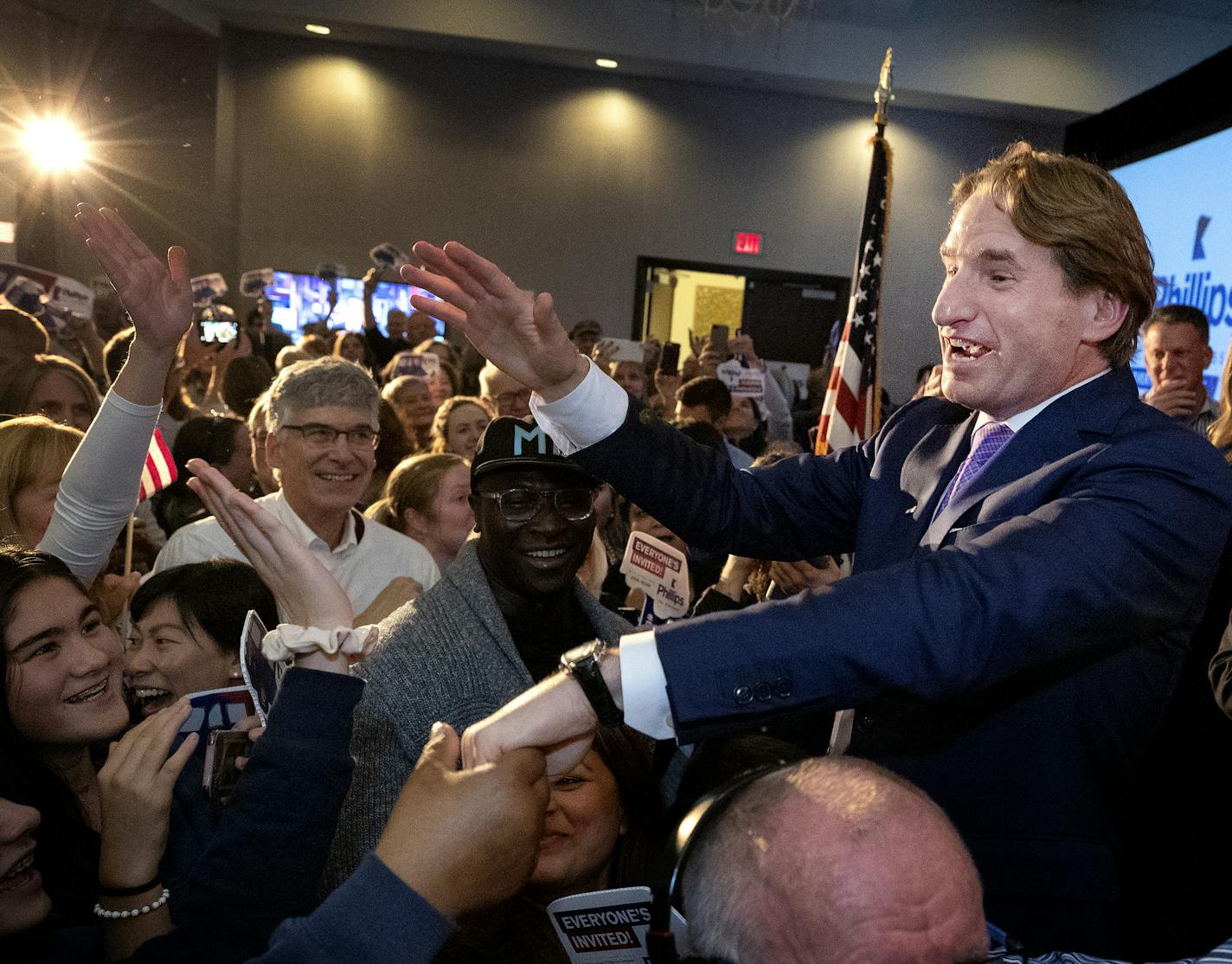 Dean Phillips greeted supporters at his election night headquarters at the Hilton Bloomington. ] CARLOS GONZALEZ &#xef; cgonzalez@startribune.com &#xf1; Bloomington, MN &#xf1; November 6, 2018, Hilton Bloomington, Minnesota's eight U.S. House races, Dean Phillips election night headquarters