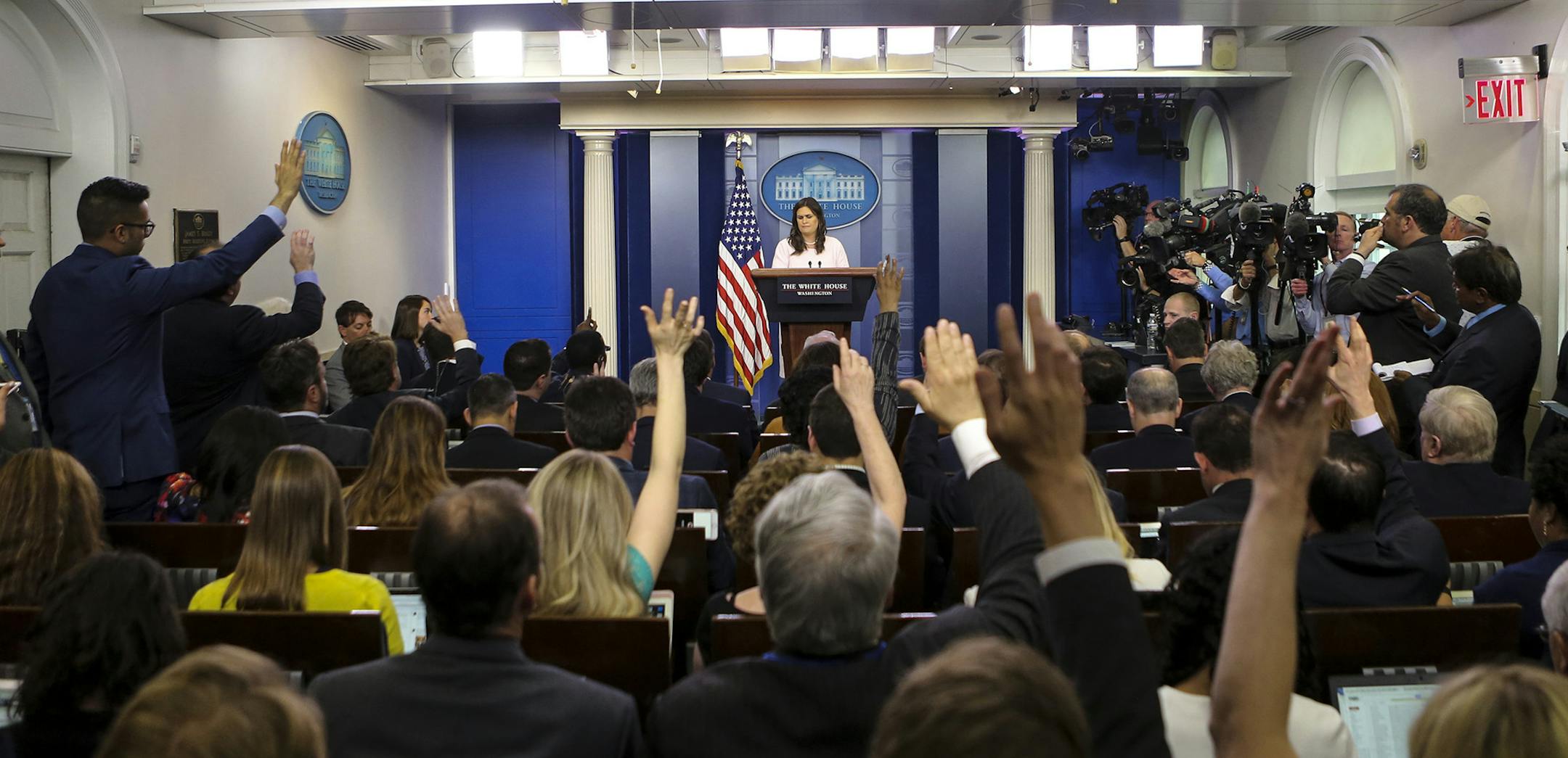White House press secretary Sarah Huckabee Sanders speaks during the daily press briefing in the Brady Press Briefing Room at the White House on April 23, 2018 in Washington, D.C. Reporters Without Borders said Wednesday the United States has fallen on the global index of press freedom. (Oliver Contreras/Sipa USA/TNS) ORG XMIT: 1229550