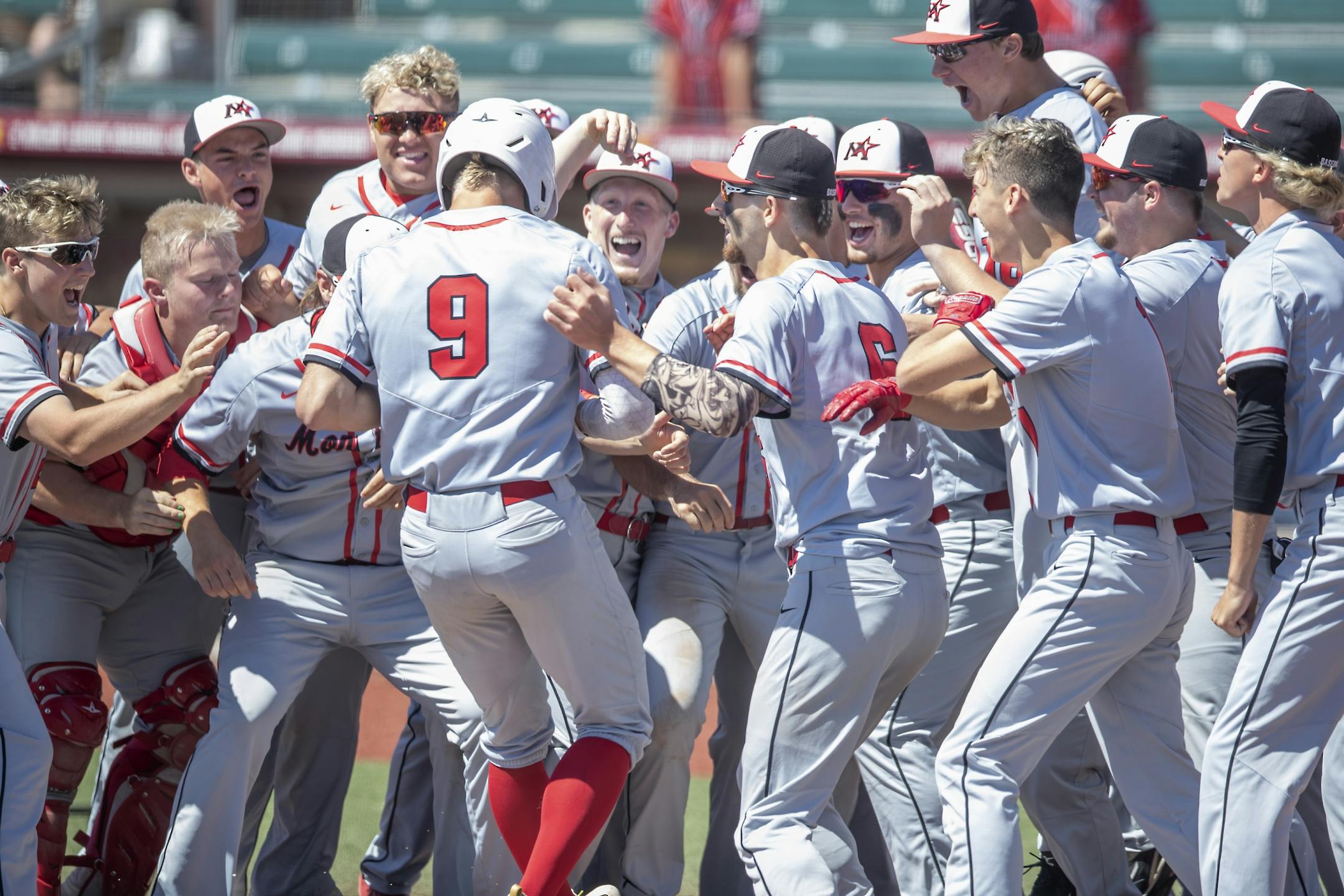 Monticello's bench celebrated Isaac Frandsen's two-run homer during the second inning as they took on Duluth Denfeld in their match-up of the Class 3A baseball quarterfinals at the U of M's Siebert Field, Thursday, June 13, 2019 in Minneapolis, MN.