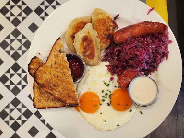 Pierogi, eggs and sausage at the new Buttered Tin bakery and restaurant in northeast Minneapolis.