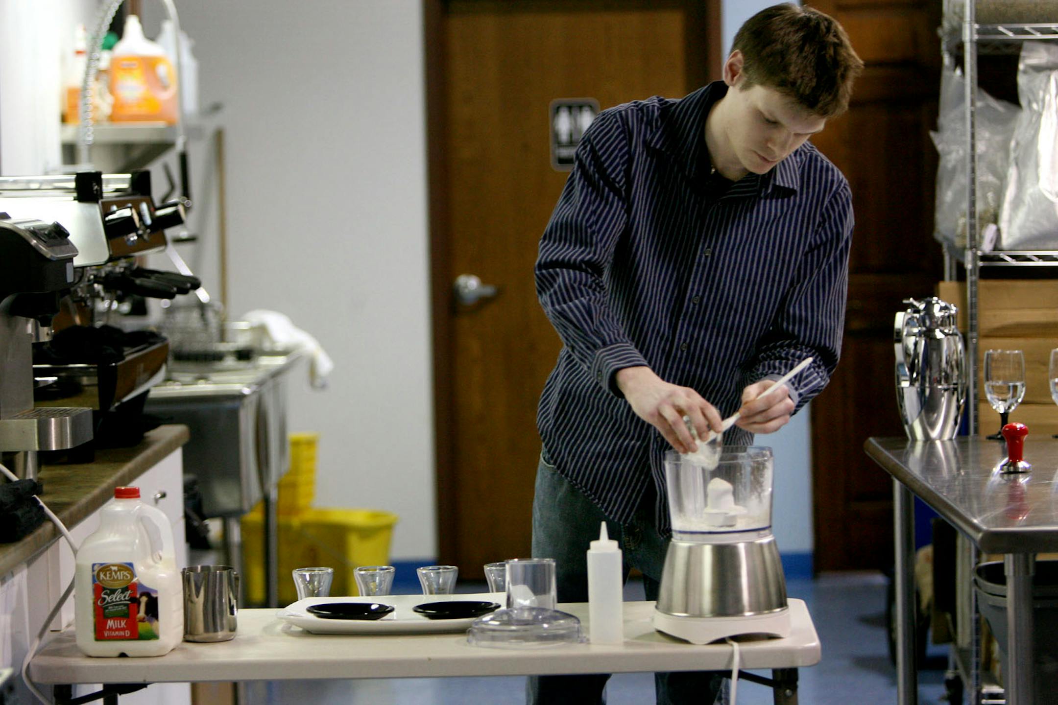 Adam Palmer, one of two Minnesotans competing in the National Barista Championships beginning May 2 in Minneapolis, worked on practicing making an espresso served with donut soup at Paradise Roasters.