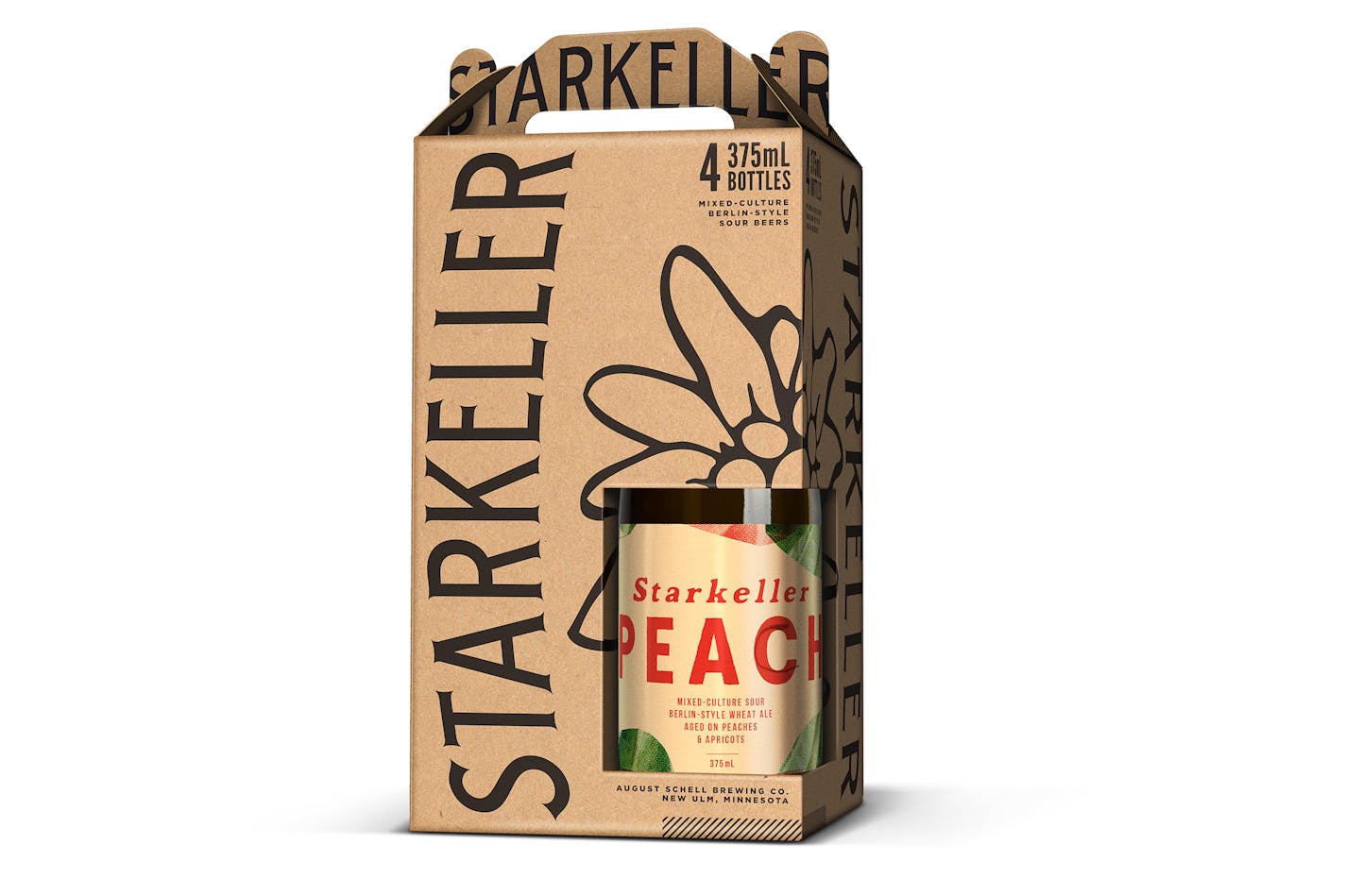 A carton of Starkeller Peach, which was aged for months on peaches and apricots in giant cypress wood tanks.