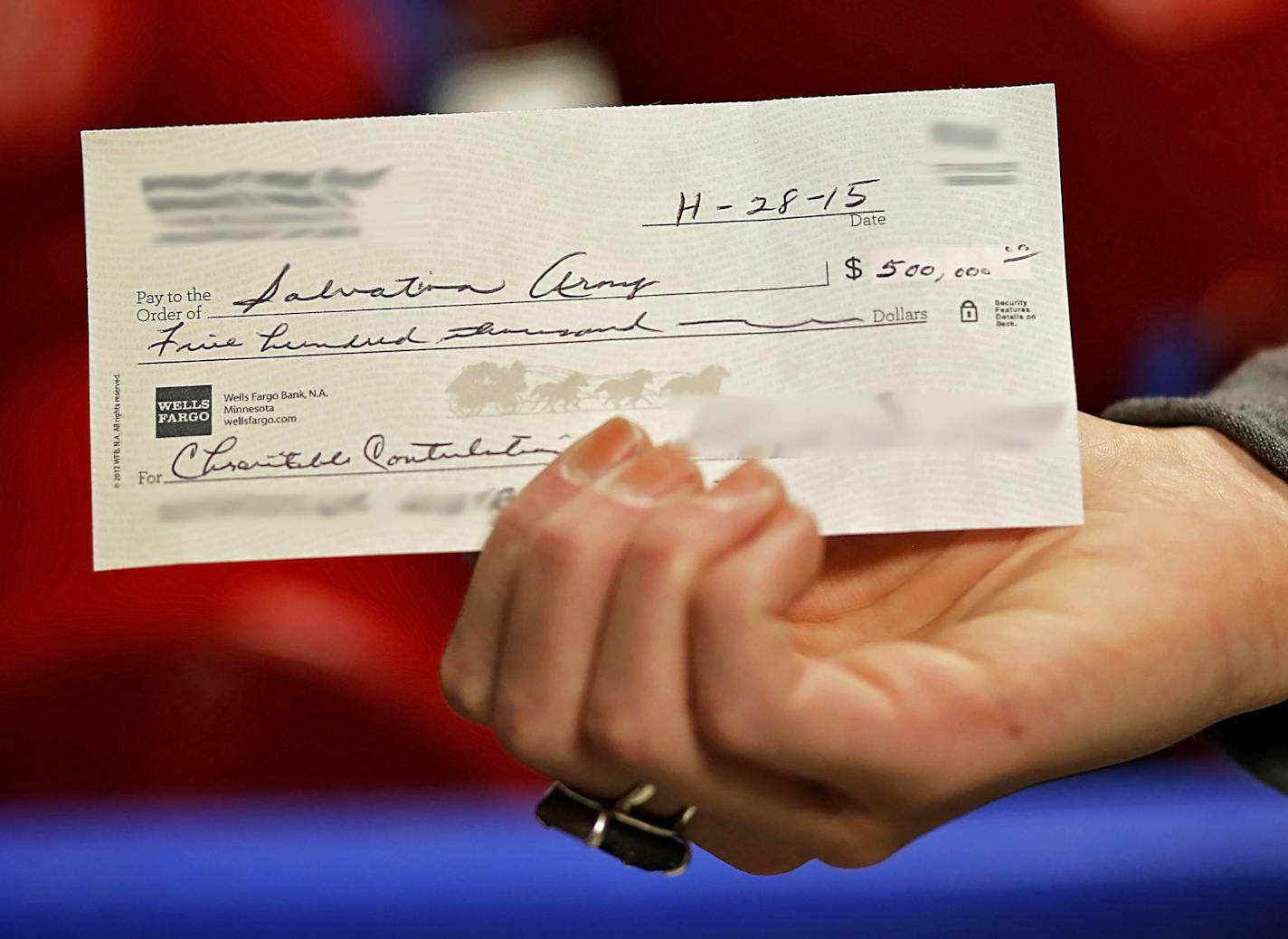 This check for $500,000 was deposited into a Rosemount Salvation Army kettle. The Salvation Army has obscured the donors' identities because they want to remain anonymous. Photo provided by Salvation Army.