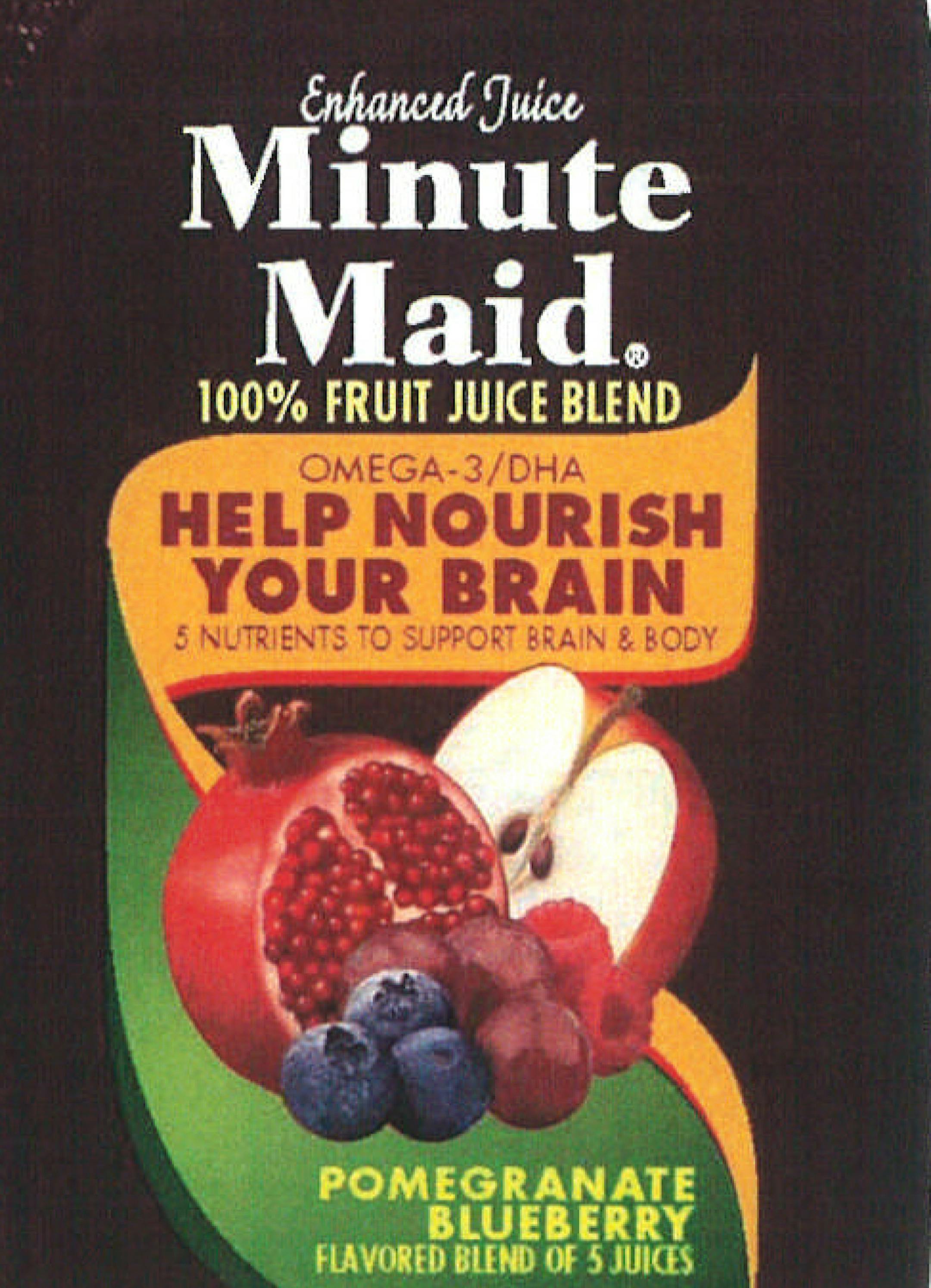 This undated photo obtained by The Associated Press, used in an exhibit filed in the Supreme Court case, shows the front of a bottle of Minute Maid Pomegranate Blueberry beverage. The Supreme Court on Thursday sided with juice maker Pom Wonderful in its long-running false advertising dispute with Coca Cola, a decision that could open the door to more litigation against food makers for deceptive labeling. The justices ruled 8-0 that Pom can go forward with a lawsuit alleging the label on a "Pomeg