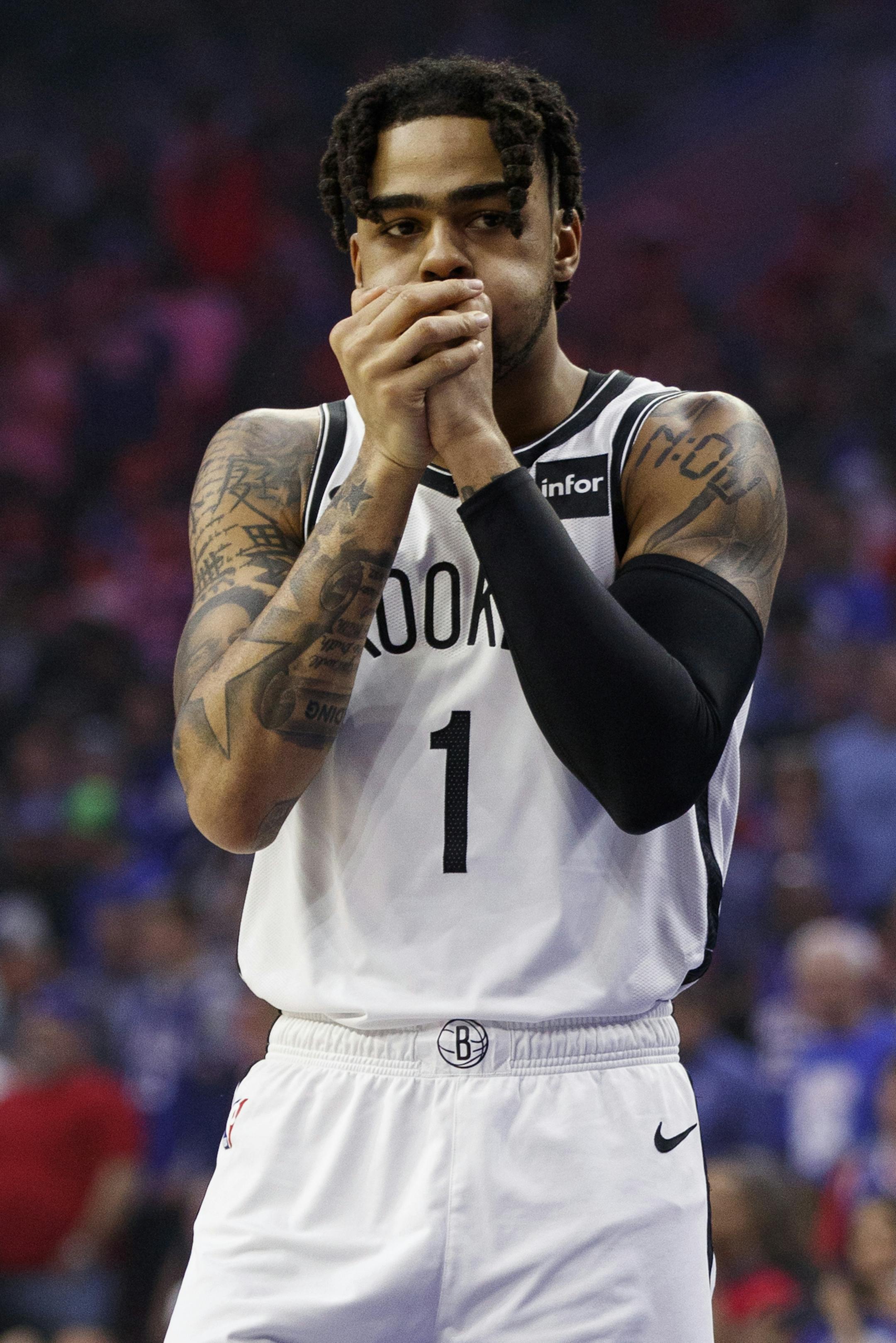 Brooklyn Nets' D'Angelo Russell looks on during the first half in Game 5 of a first-round NBA basketball playoff series against the Philadelphia 76ers, Tuesday, April 23, 2019, in Philadelphia. The 76ers won 122-100. (AP Photo/Chris Szagola) ORG XMIT: OTKCS117