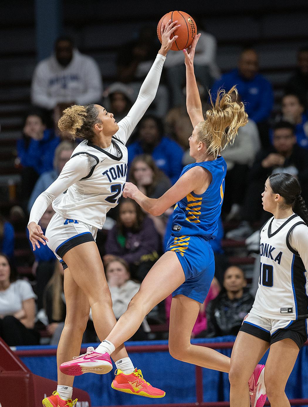 Aaliyah Crump (left) ignited Minnetonka and helped the Skippers rocket past St. Michael-Albertville 67-49 in Thursday's Class 4A semifinals at Williams Arena. 