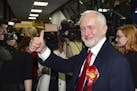 Britain's Labour party leader Jeremy Corbyn gestures as he arrives for the declaration at his constituency in London, Friday, June 9, 2017. Britain vo