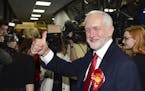 Britain's Labour party leader Jeremy Corbyn gestures as he arrives for the declaration at his constituency in London, Friday, June 9, 2017. Britain vo
