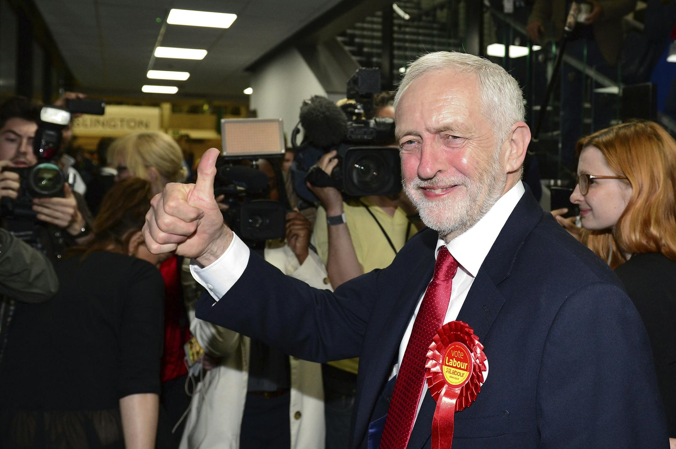 Britain's Labour party leader Jeremy Corbyn gestures as he arrives for the declaration at his constituency in London, Friday, June 9, 2017. Britain voted Thursday in an election that started out as an attempt by Prime Minister Theresa May to increase her party's majority in Parliament ahead of Brexit negotiations but was upended by terror attacks in Manchester and London during the campaign's closing days. (Dominic Lipinski/PA via AP) ORG XMIT: MIN2017061613045517