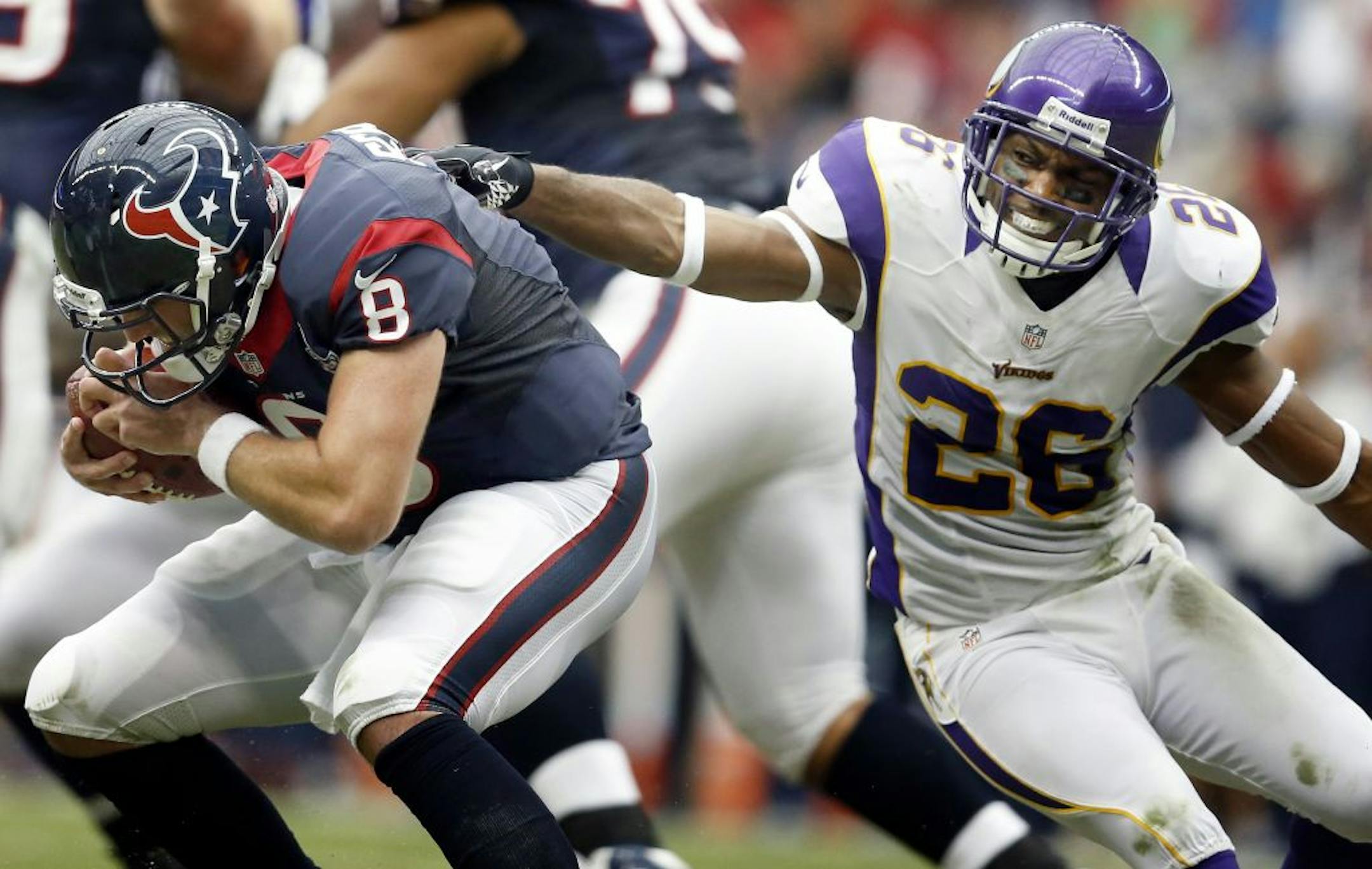 Antoine Winfield sacked Houston's Matt Schaub. Winfield was waived by the Vikings on Tuesday.