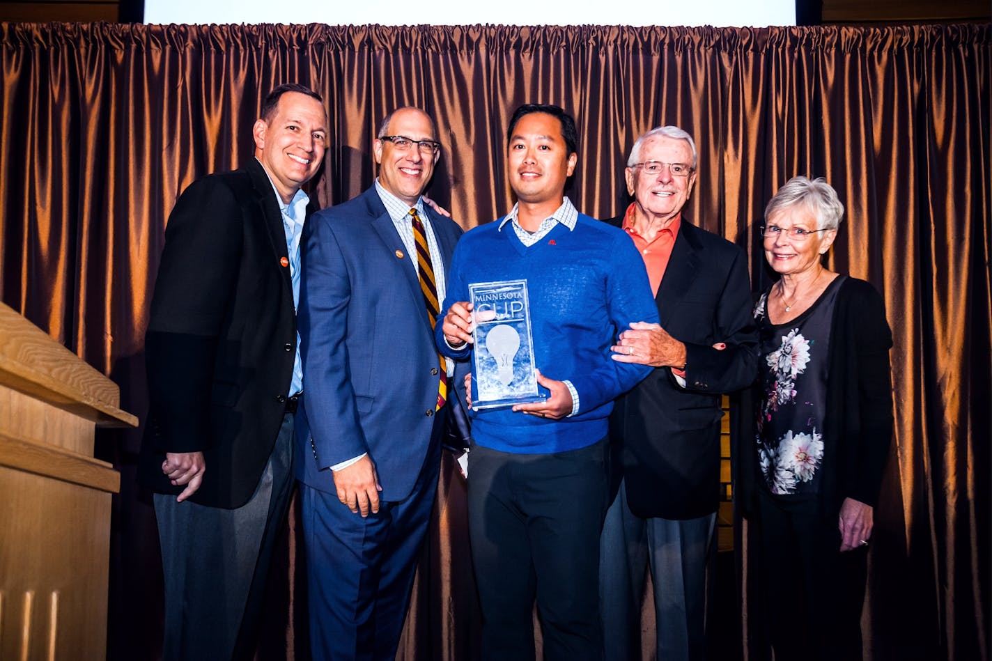 Minnesota Cup founders Scott Litman and Dan Mallin, grand prize winner Ping Yeh, and long-time CUP supporters David Cleveland and Carolyn Cleveland.