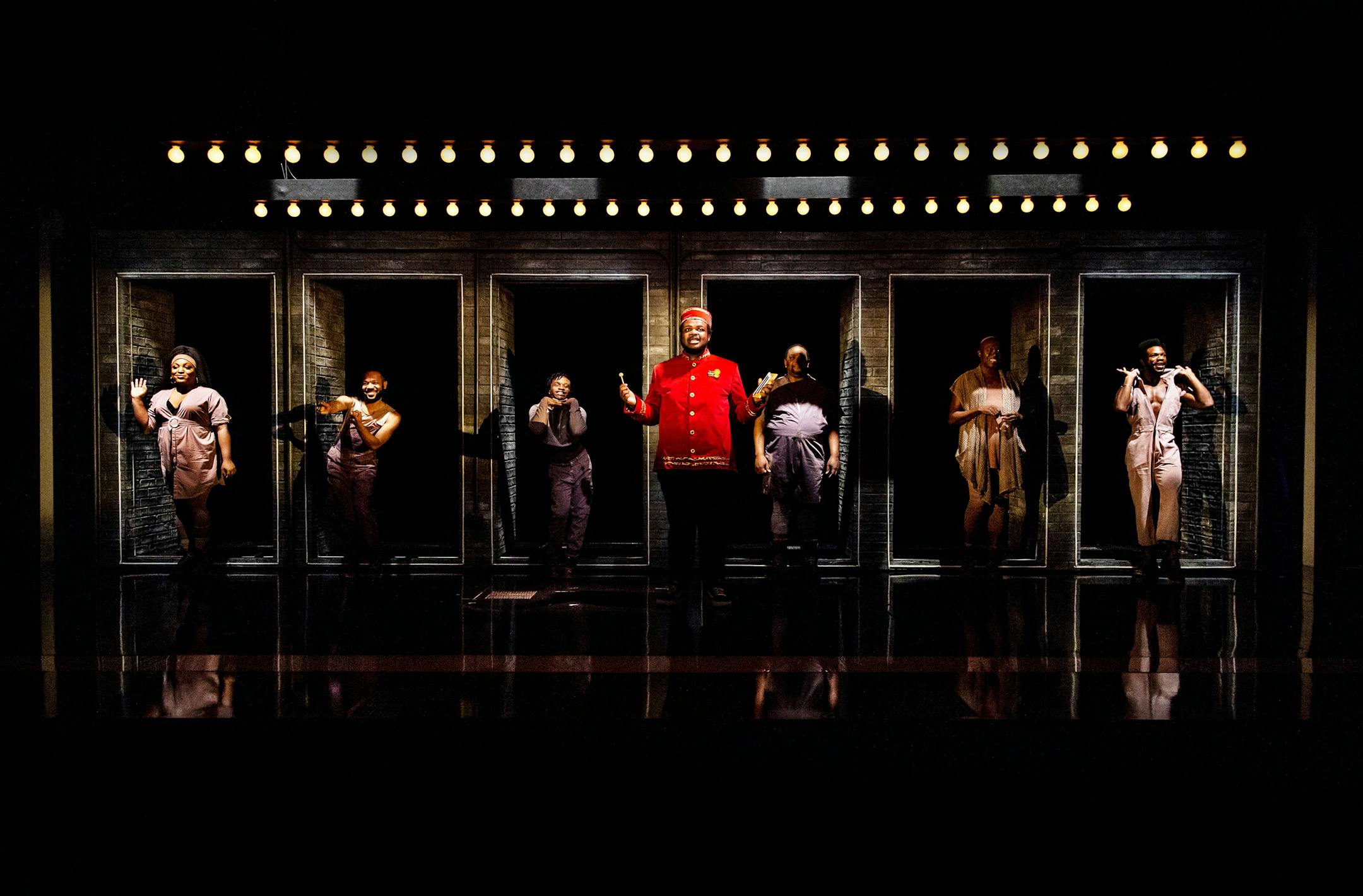 L Morgan Lee, Jason Veasey, John-Michael Lyles, Jaquel Spivey, John-Andrew Morrison, James Jackson Jr. and Antwayn Hopper in Woolly Mammoth's "A Strange Loop" MUST CREDIT: Marc J. Franklin