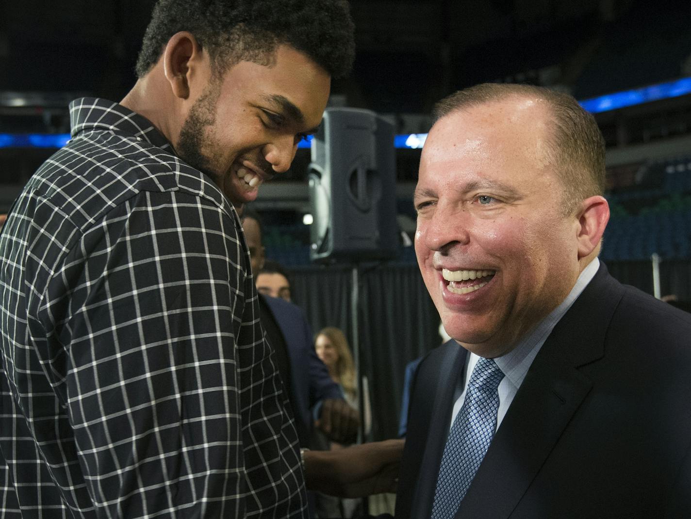 Karl-Anthony Towns joked with Minnesota Timberwolves new President of Basketball Operations and Head Coach Tom Thibodeau after a press conference at Target Center.