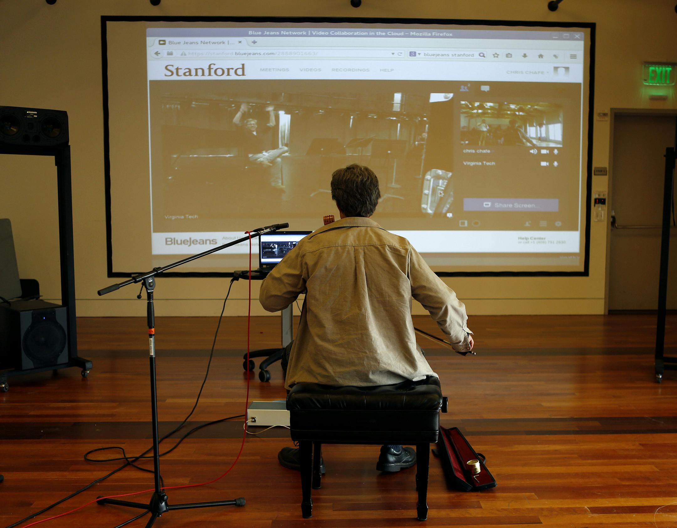 Chris Chafe, director of the Center for Computer Research in Music and Acoustics at Stanford University, hooks up to a group of musicians in Virginia Tech in the CCRMA studio in The Knoll building on the Stanford campus in Stanford, Calif., on November 17, 2014. (Nhat V. Meyer/Bay Area News Group/TNS)