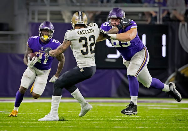 Center Pat Elflein, right, selected in the third round by the Vikings in the NFL draft last year, is one of the few offensive linemen drafted by Gener