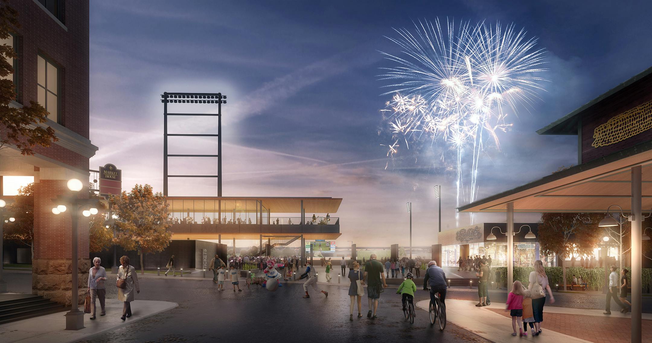A rendering of the Broadway entrance to the new Lowertown Ballpark in St. Paul.