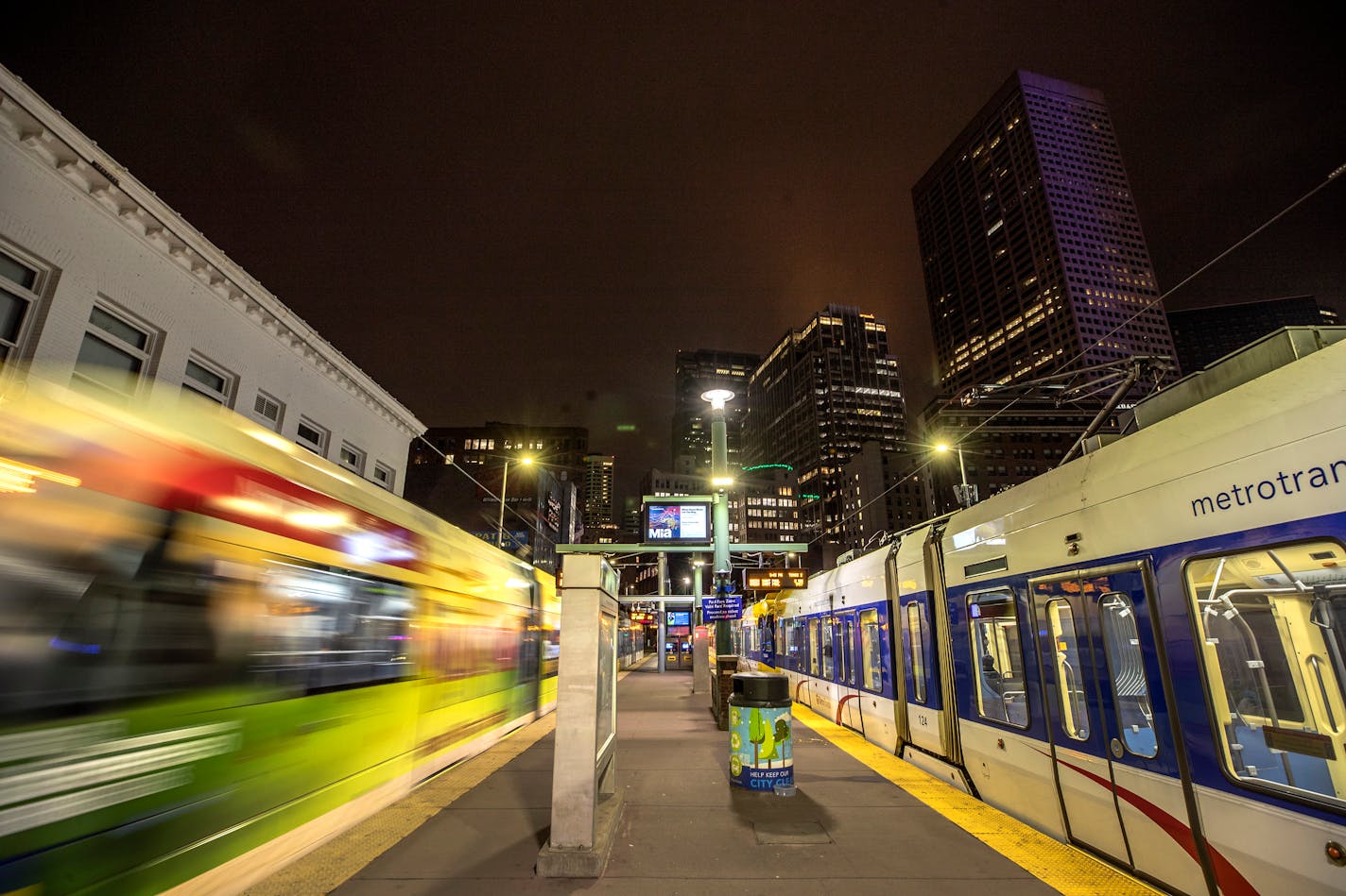 Metro light rail at the Warehouse District / Hennepin stop in downtown Minneapolis. Metro Transit will suspend service of all bus and light-rail service between 11 p.m. and 4:30 a.m. beginning Tuesday,