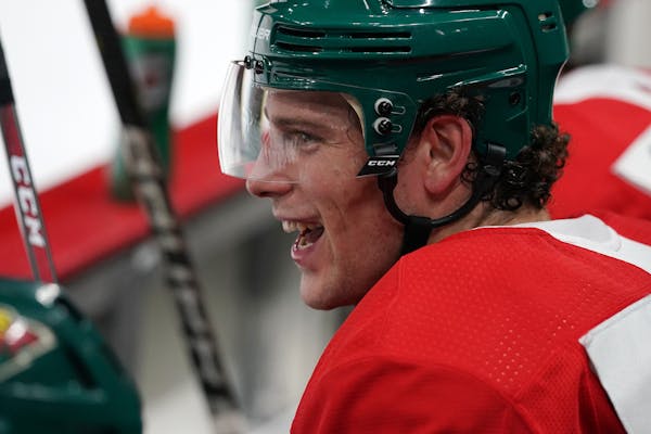 Minnesota Wild center Charlie Coyle (3) laughed from the bench between drills. ] ANTHONY SOUFFLE &#xef; anthony.souffle@startribune.com Players and co