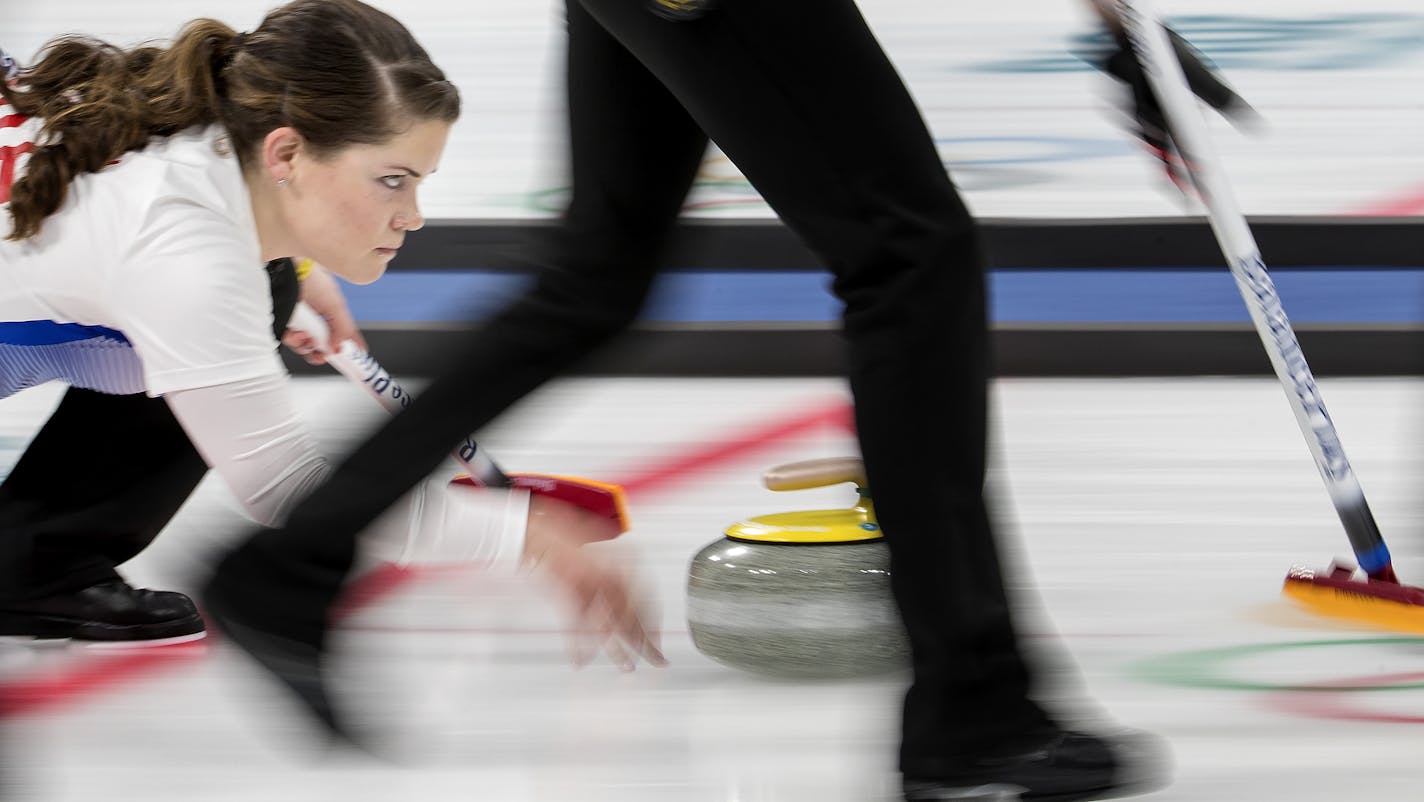 Becca Hamilton delivered the rock during a game vs. China on Monday night. ] CARLOS GONZALEZ &#x2022; cgonzalez@startribune.com - February 19, 2018, South Korea, 2018 Pyeongchang Winter Olympics, Gangneung Curling Centre, USA vs. China