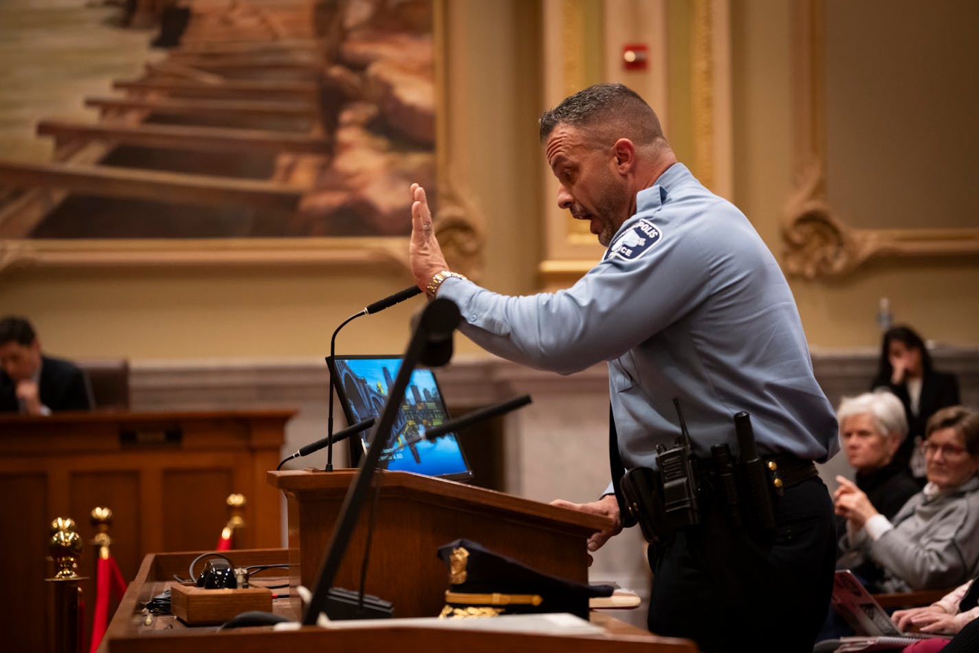 Minneapolis Police Chief Brian O'Hara spoke about the need for new officers while answering questions from council members during a special City Council meeting for a vote on a $15 million plan to retain and recruit police officers at City Hall on Friday, Nov. 17, 2023 in Minneapolis, Minn. ] RENEE JONES SCHNEIDER • renee.jones@startribune.com