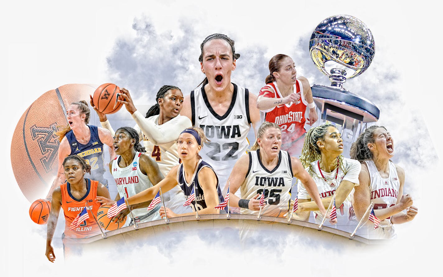 The Big Ten women's basketball tournament comes to Minneapolis and Target Center in March. Players pictured include, front row, left to right, Makira Cook, Illinois; Diamond Miller, Maryland; Makenna Marisa, Penn State; Monika Czinana, Iowa (25); Kaylene Smikle, Rutgers; and Mackenzie Holmes, Indiana; (back row, left to right) Leigha Brown, Michigan; Rose Micheaux, Gophers; Caitlin Clark, Iowa (27); and Taylor Mikesell, Ohio State.