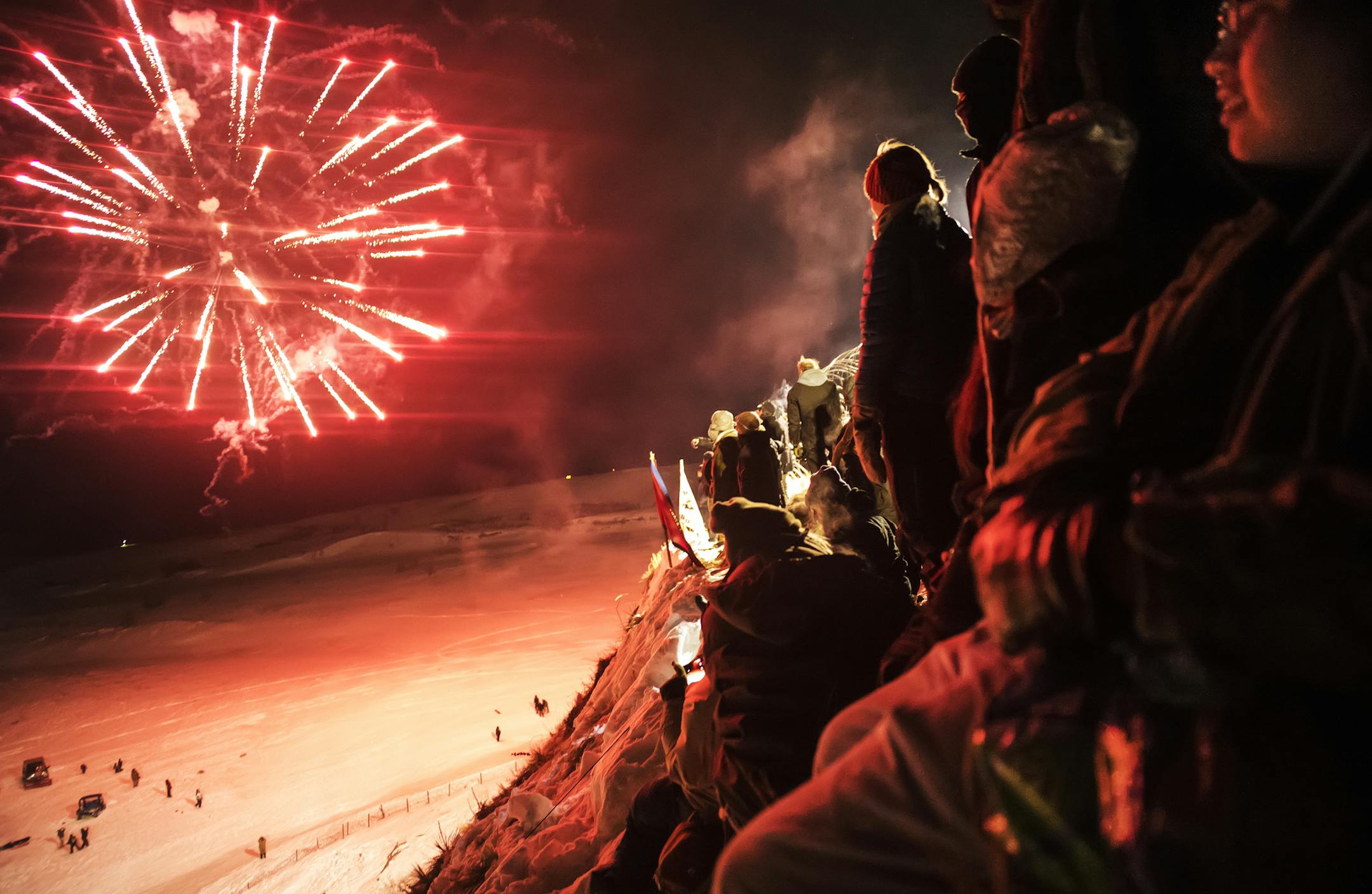 A fight since 2016: On New Year's Eve, water protectors brought Native American themed flags up to the top of Turtle Island, a sacred location where Standing Rock members are buried. The activists camped nearby in winter, hoping to stop drilling permits for the Dakota Access pipeline.