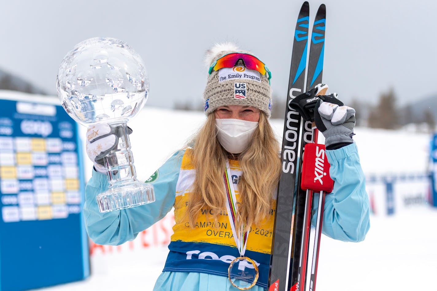 Jessie Diggins poses as first placed of the Overall FIS Cross Country World Cup in S-Chanf, Switzerland, on Sunday, March 14, 2021.