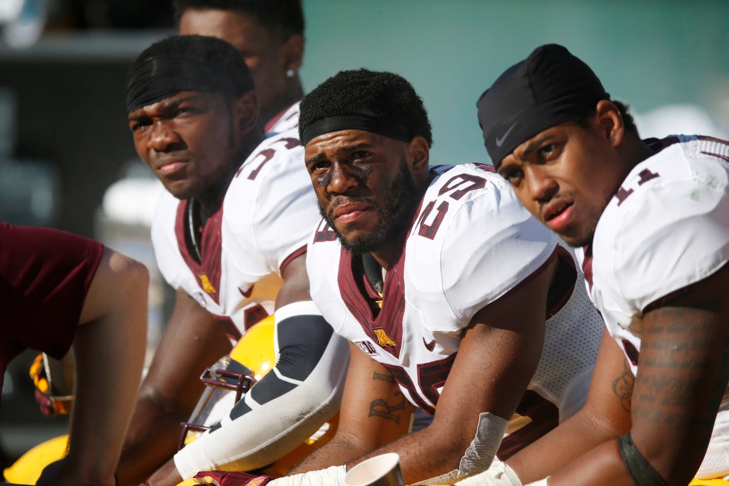 The Gophers have major injury concerns in their secondary. Cornerback Eric Murray, left, is healthy, but cornerback Briean Boddy-Calhoun, center, and safety Antonio Johnson are questionable for Saturday's Big Ten opener at Northwestern.