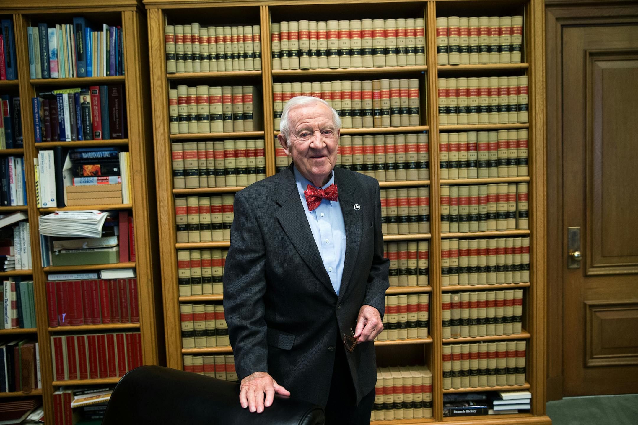 FILE -- Then-Justice John Paul Stevens in his chambers at the Supreme Court, in Washington, April 15, 2014. Stevens, whose 35 years on the United States Supreme Court transformed him, improbably, from a Republican antitrust lawyer to the outspoken leader of the court’s liberal wing, died July 16, 2019 at a hospital in Fort Lauderdale, Fla. He was 99. (Doug Mills/The New York Times)