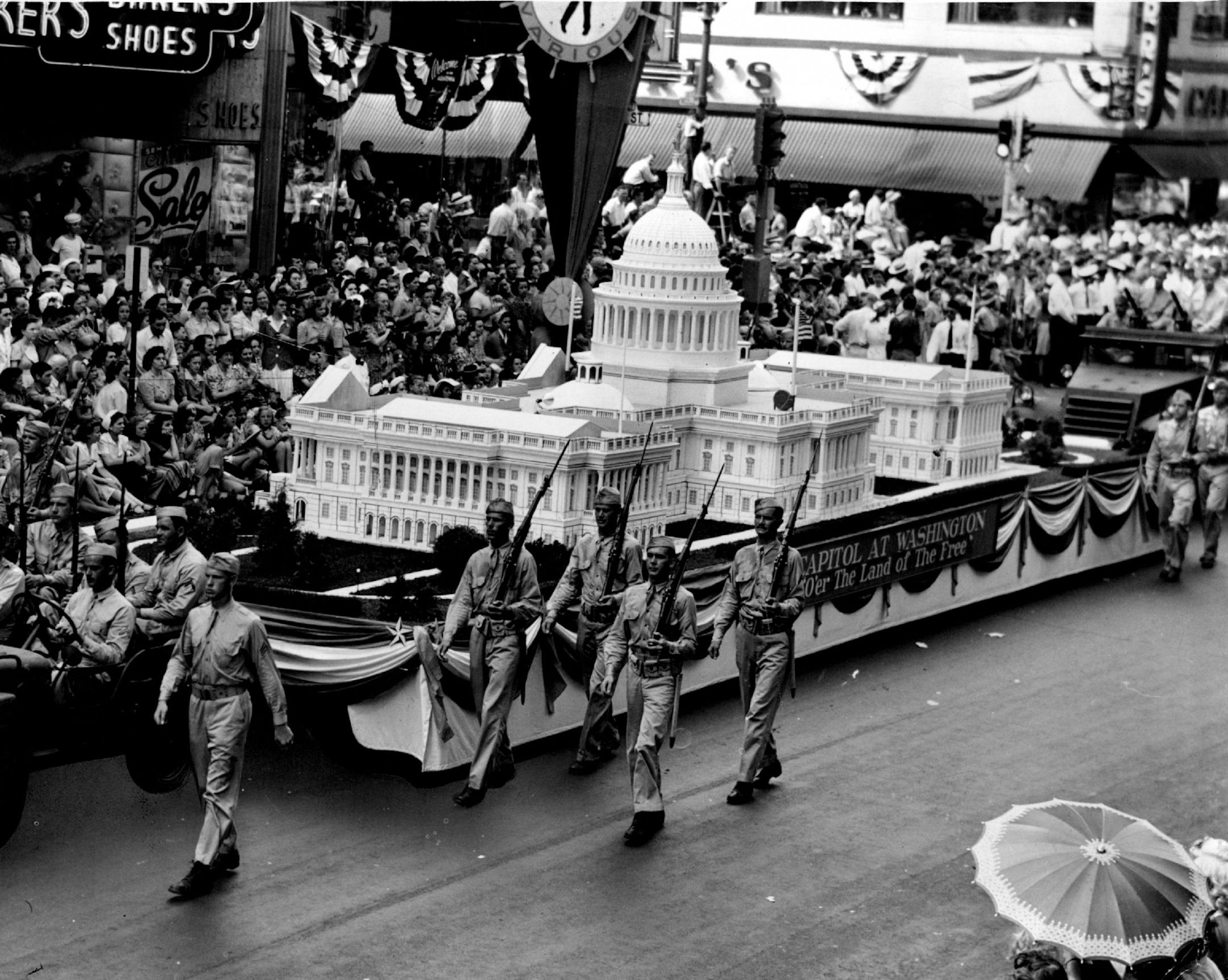 August 3, 1942: Winner in the section for larger retail organizations was this Dayton Company float, a detailed replica of the capitol in Washington.