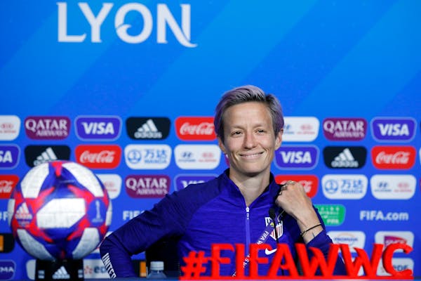 United States' Megan Rapinoe attends a press conference at the Stade de Lyon, outside Lyon, France, Saturday, July 6, 2019. US will face Netherlands i