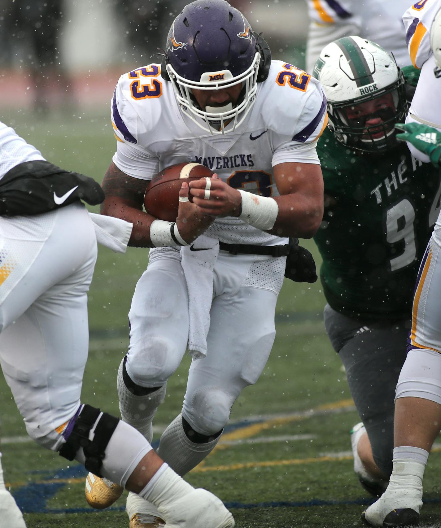 Nate Gunn (23) scored three touchdowns for Mankato State vs. Slippery Rock on Saturday, Dec. 14, 2019. Photo from Mankato State