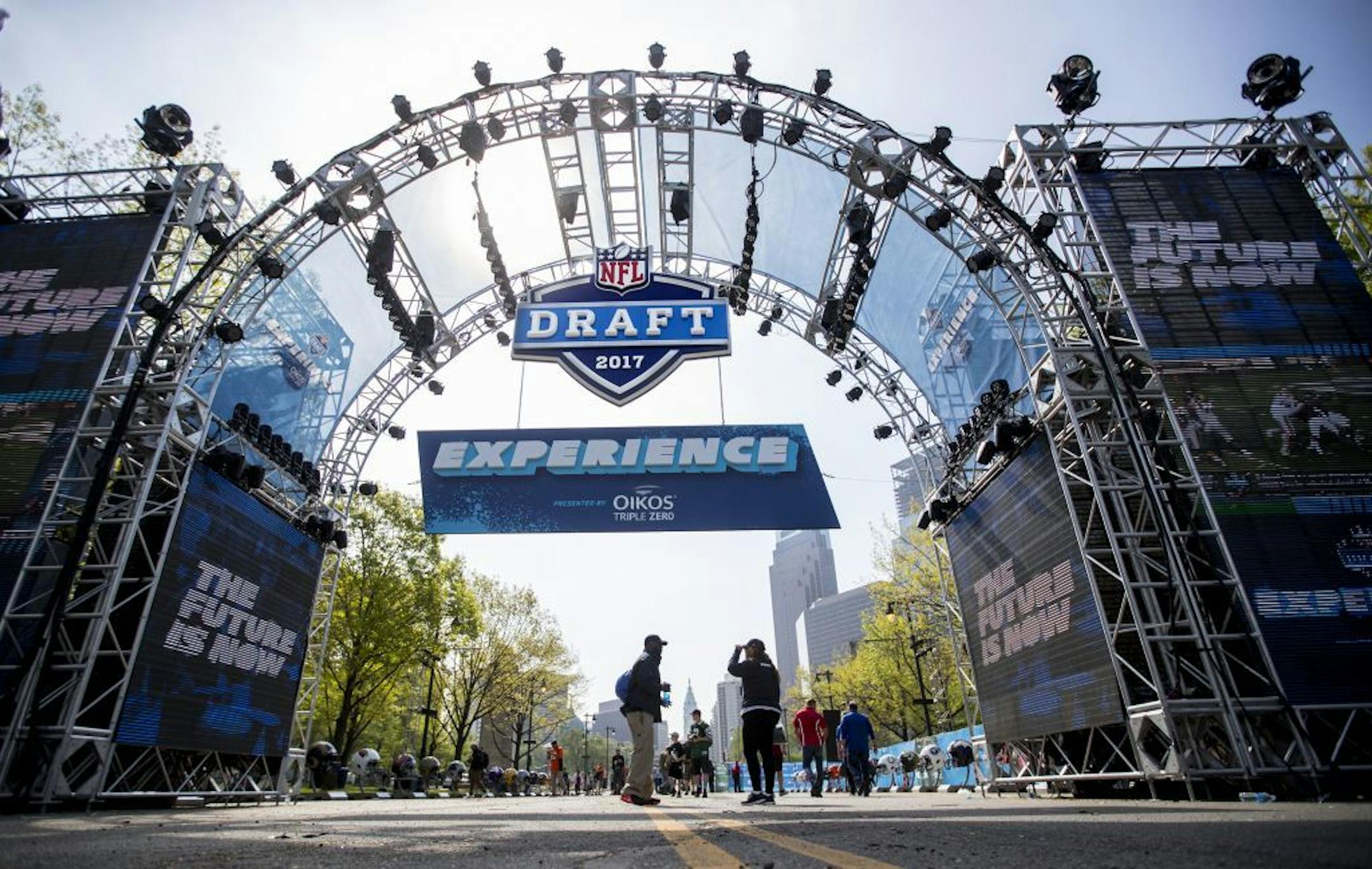 Looking back toward Philadelphia at the NFL Experience Entrance Portal as fans gather early Thursday, April 27, 2017, to enter the site ahead of the NFL Draft.