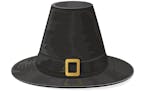 Happy Thanksgiving day theme, black pilgrims hat with golden buckle, icon isolated on white background, illustration.