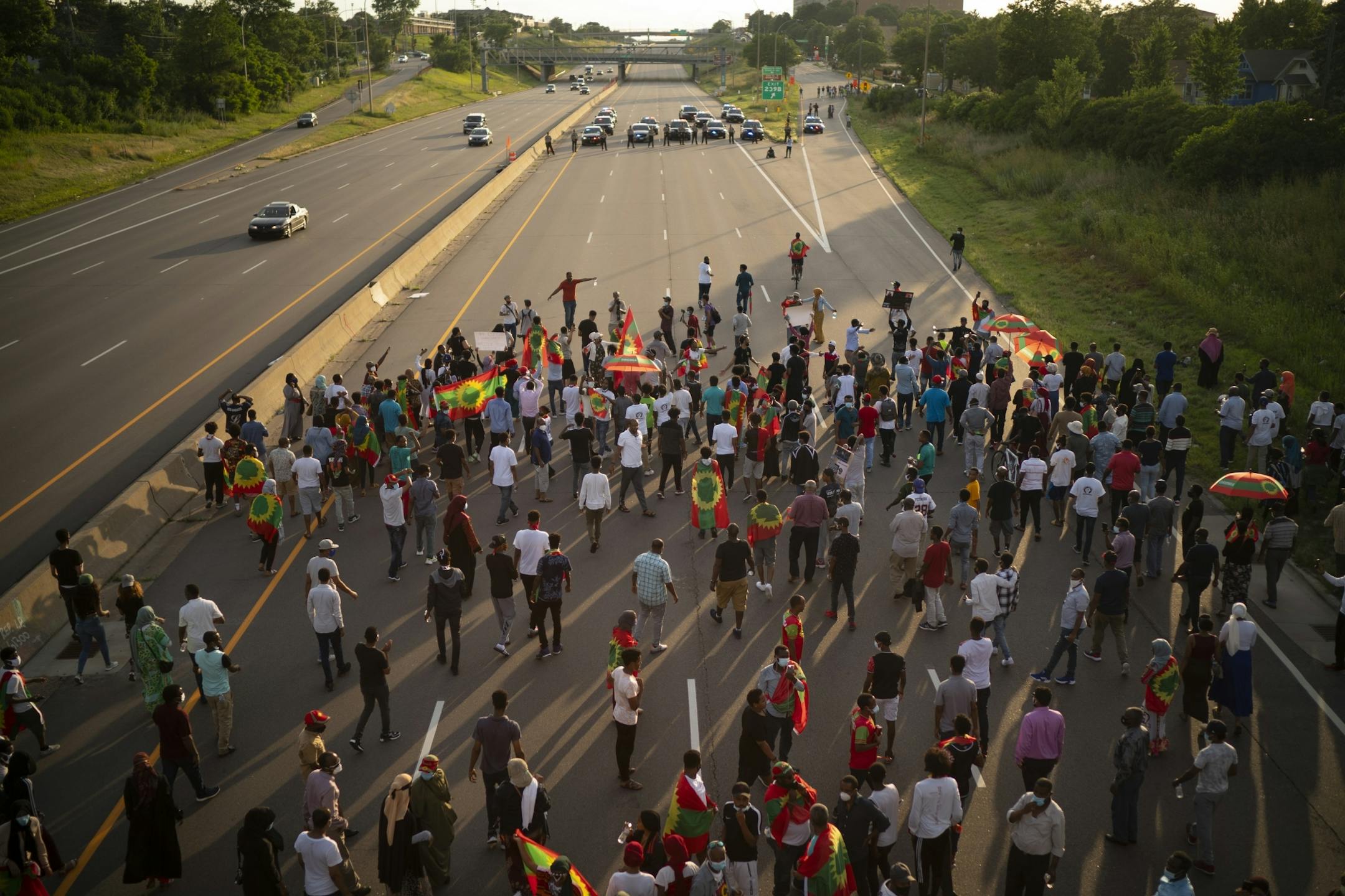 Demonstrators made their way to the Lexington Ave. exit off westbound I-94.
