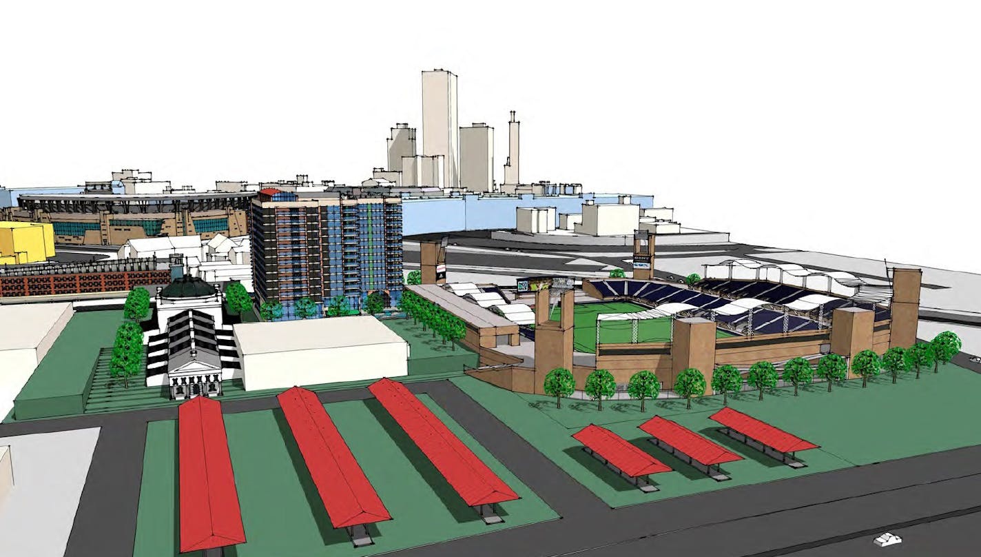 One rendering -- unaffiliated with the team's proposal -- of how the Farmers Market area could look after redevelopment.