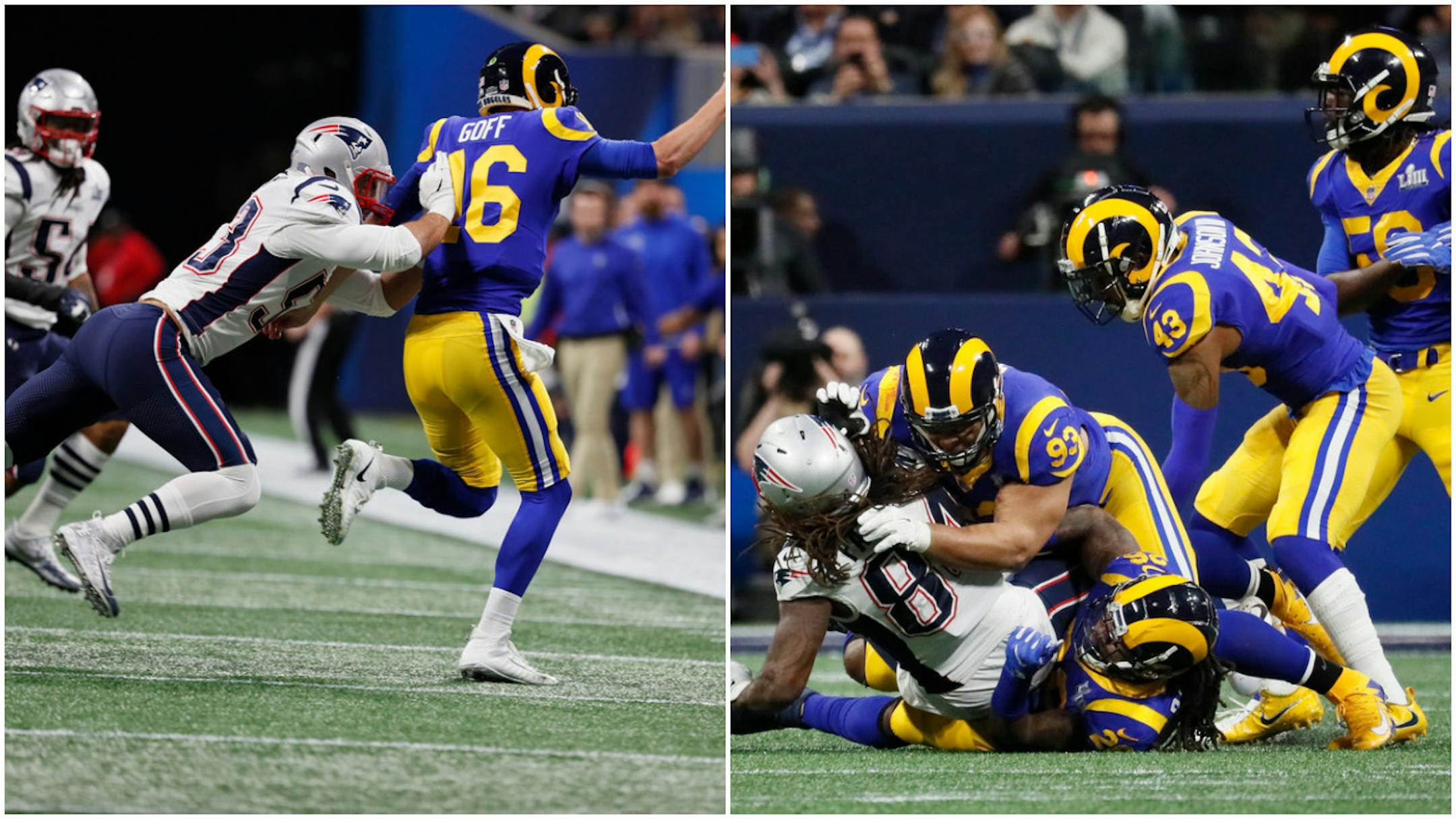 The Patriots defense pushed Rams quarterback Jared Goff out of bounds (left); the Rams defense stopped New England's Cordarrelle Patterson.