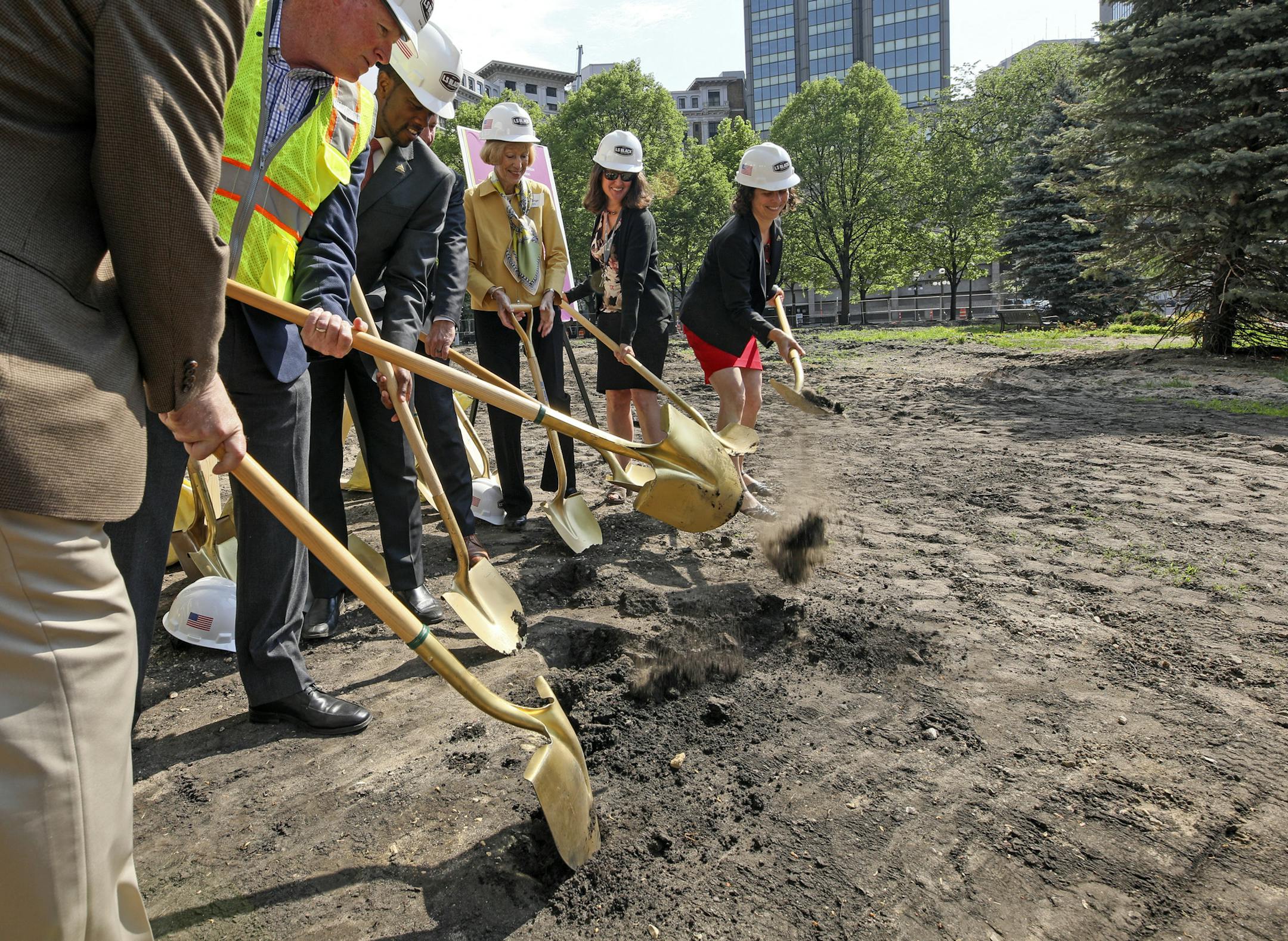 Rice Park was dedicated as Saint Paul's first public space when it was given to the city in 1849. Today the park will undergo major renovation. Mayor Melvin Carter (center), Council Member Rebecca Noecker (right) and other local leaders hosted a groundbreaking ceremony for construction at Rice Park in downtown St. Paul Thursday morning.